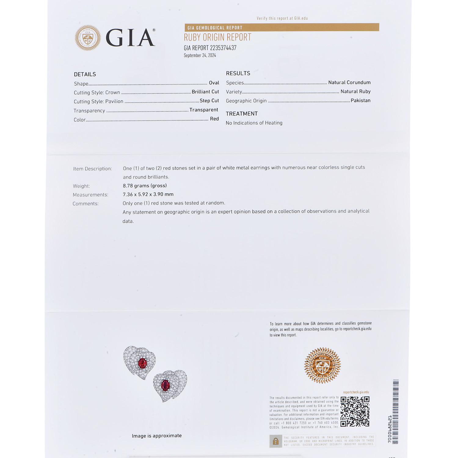 Heart Cut GIA N0-Heat 11.20cts Natural Heart  Ruby Diamond Dome Platinum Clip-on Earrings For Sale