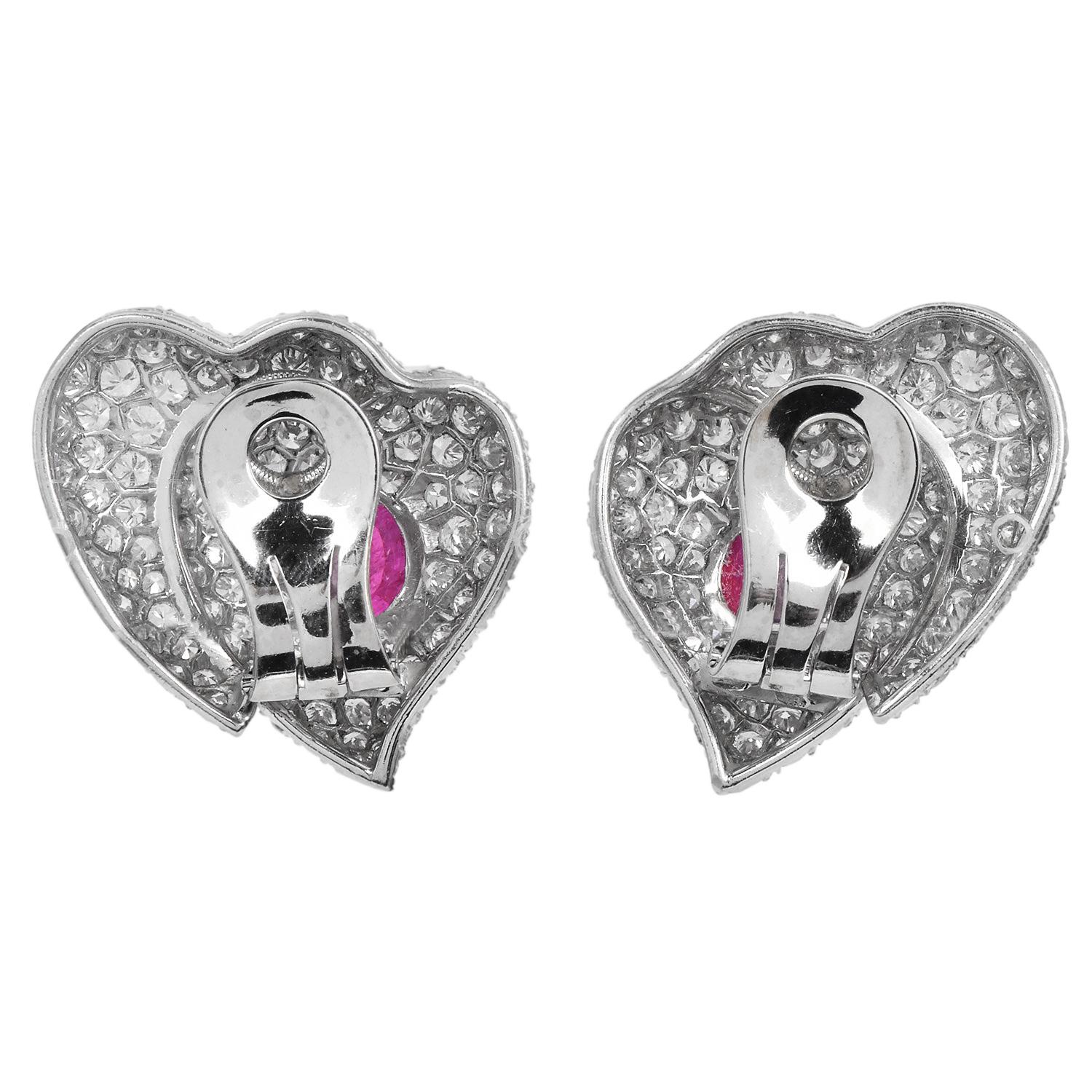 GIA N0-Heat 11.20cts Natural Heart  Ruby Diamond Dome Platinum Clip-on Earrings In Excellent Condition For Sale In Miami, FL