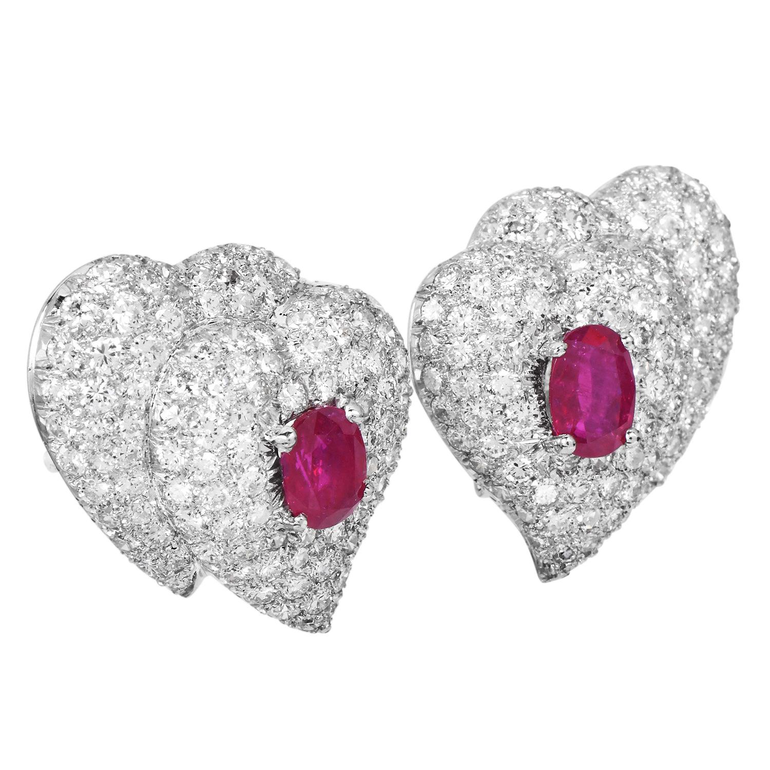 Women's GIA N0-Heat 11.20cts Natural Heart  Ruby Diamond Dome Platinum Clip-on Earrings For Sale