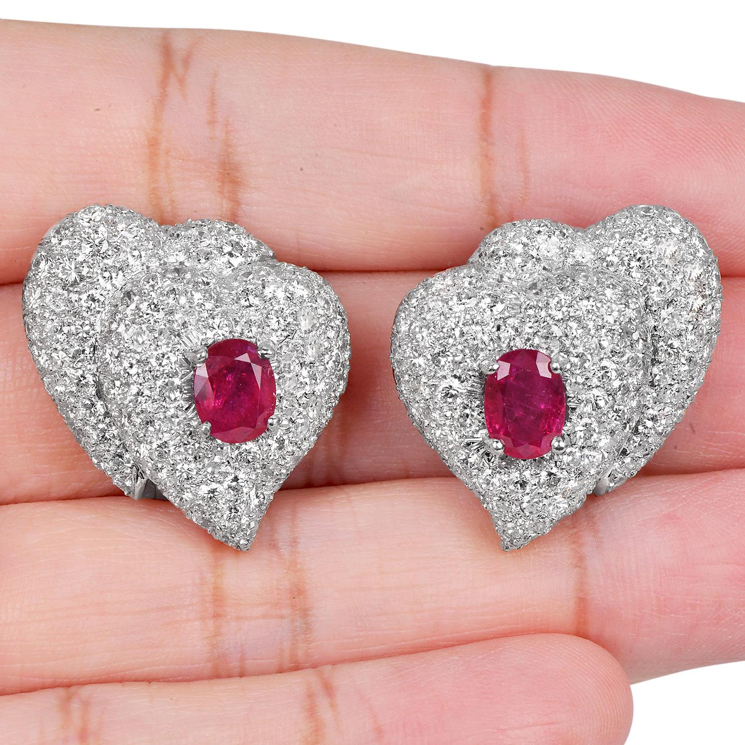 GIA N0-Heat 11.20cts Natural Heart  Ruby Diamond Dome Platinum Clip-on Earrings For Sale 1