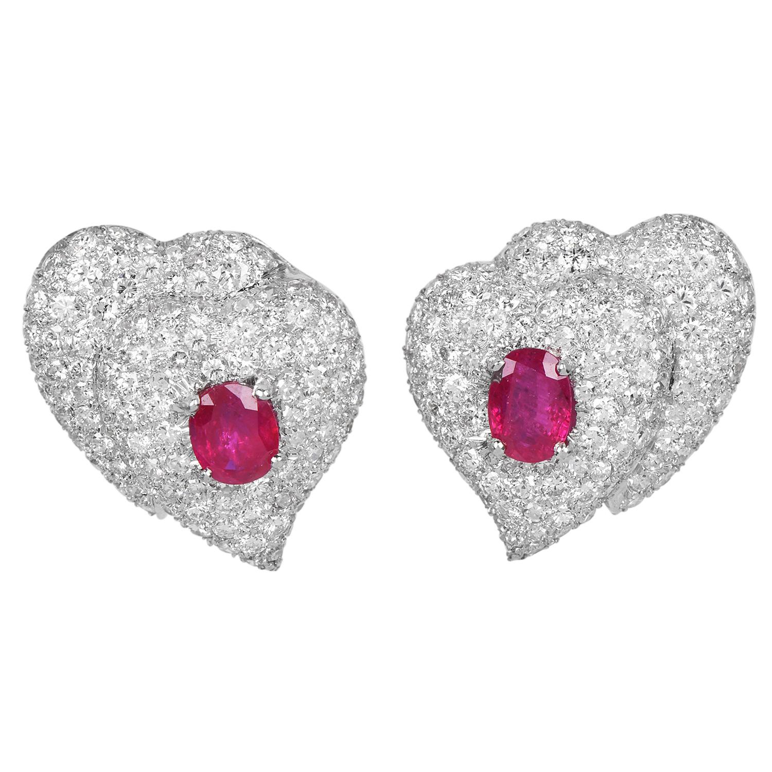 GIA N0-Heat 11.20cts Natural Heart  Ruby Diamond Dome Platinum Clip-on Earrings For Sale