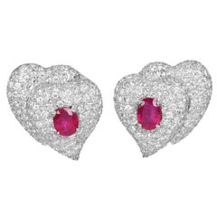 GIA N0-Heat 11.20cts Natural Heart  Ruby Diamond Dome Platinum Clip-on Earrings