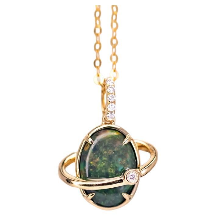 N1 Australian Black Opal & Diamond Earth Noon Necklace 18K Yellow Gold