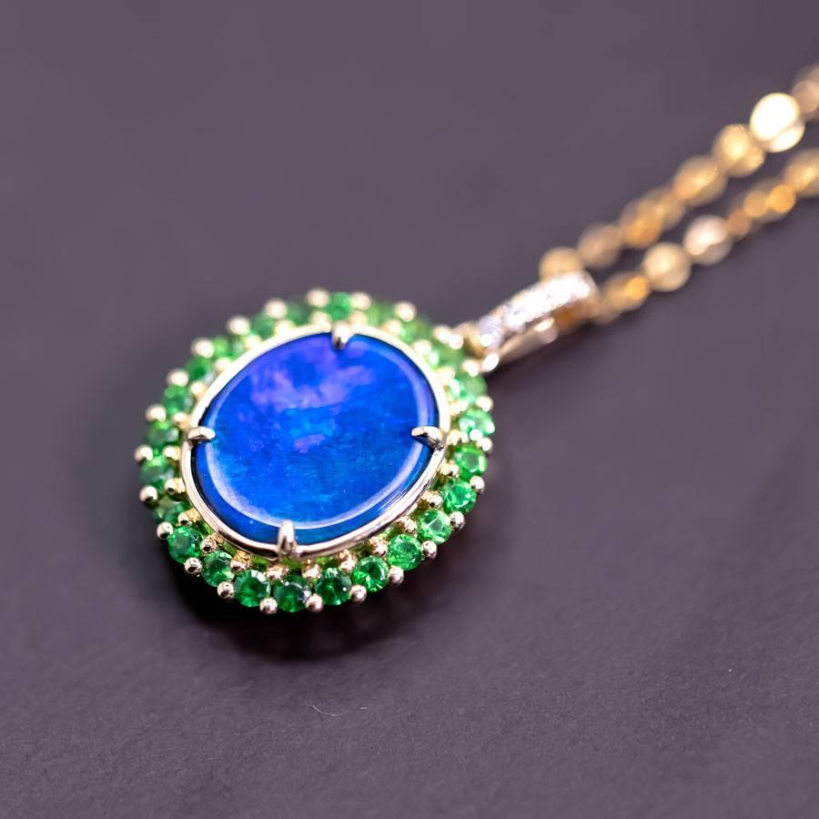 Arts and Crafts N1 Black Opal Halo Tsavorite Diamond Necklace 18k Yellow Gold For Sale