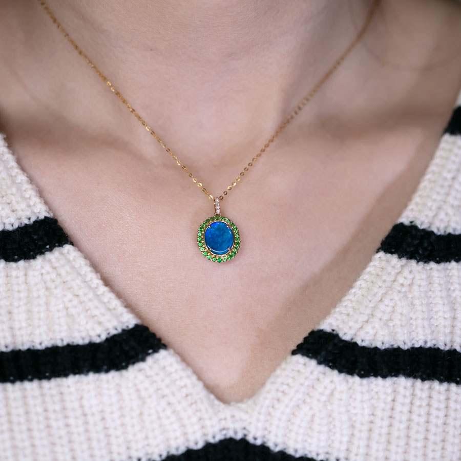 Women's or Men's N1 Black Opal Halo Tsavorite Diamond Necklace 18k Yellow Gold For Sale