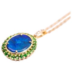 N1 Black Opal Halo Tsavorite Diamond Pendant Necklace 18k Yellow Gold