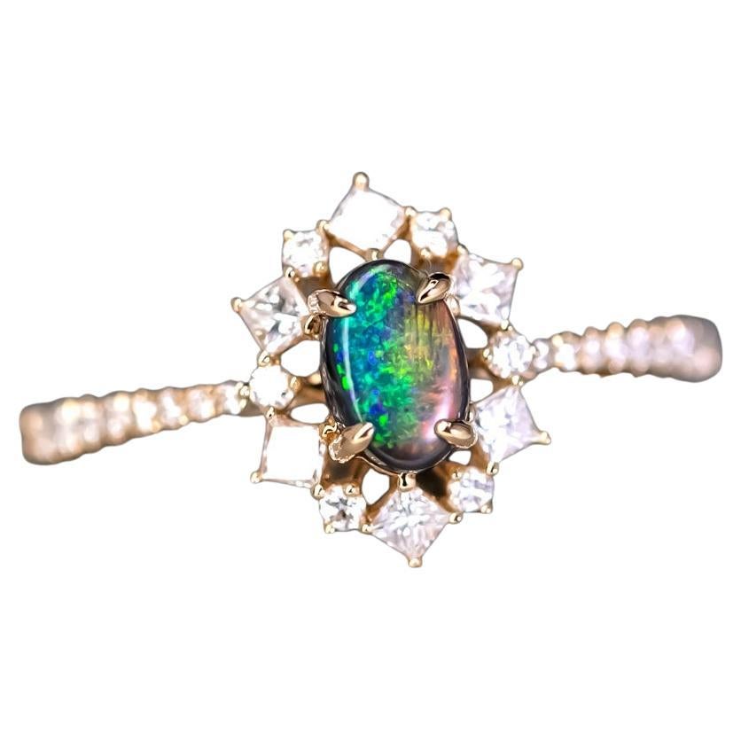 N1 Black Opal  Princess Diamond Halo Engagement Ring 18K Yellow Gold