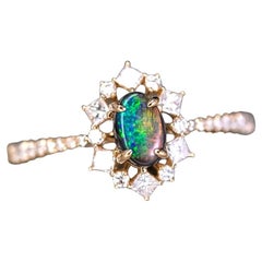 N1 Black Opal  Princess Diamond Halo Engagement Ring 18K Yellow Gold