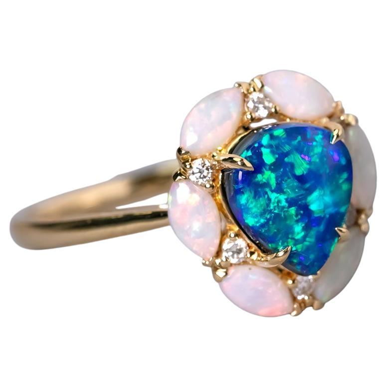 N1 Black Opal Surrounded by Crystal Opals Diamonds 18k Gold Engagement Ring For Sale