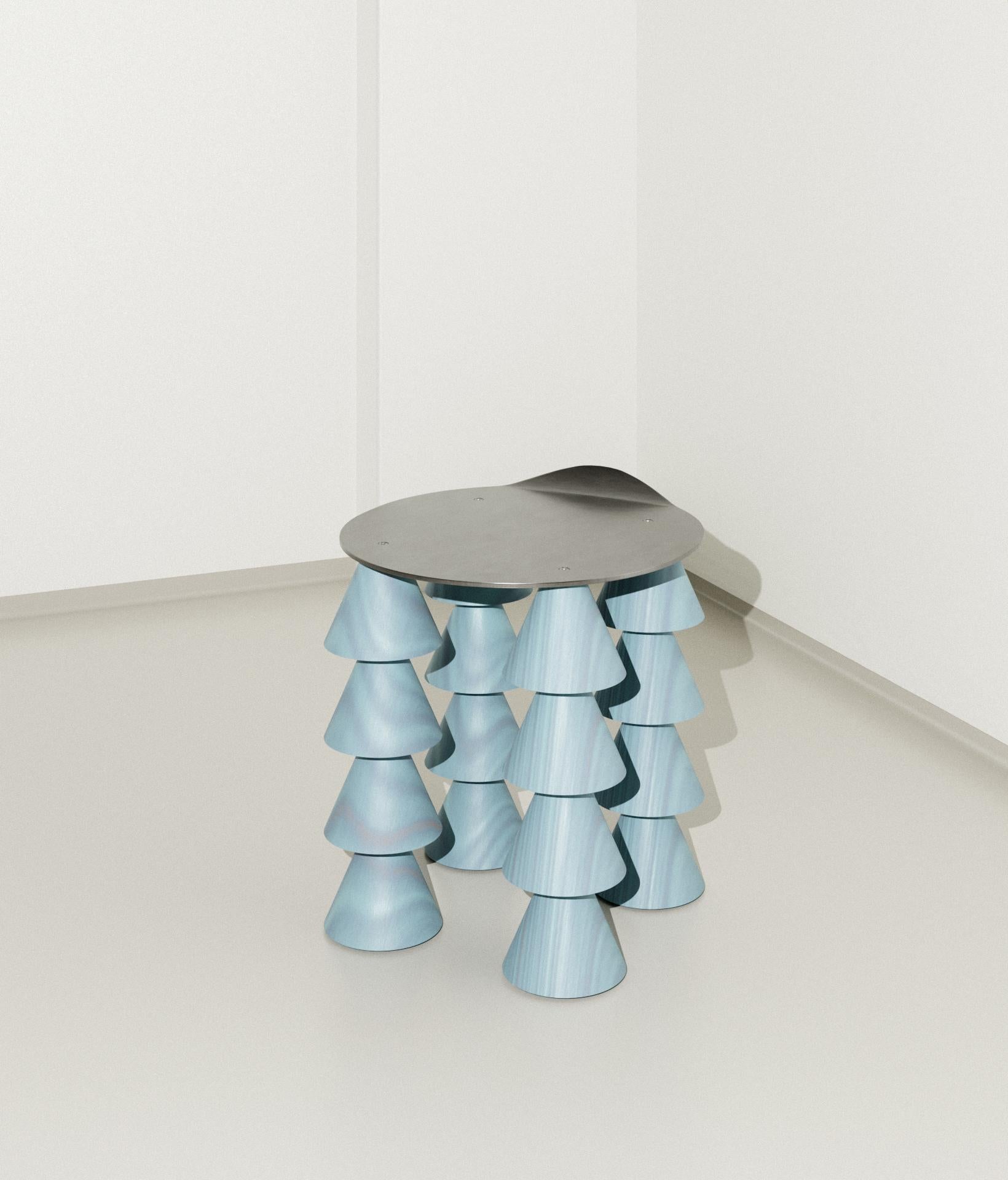 Metalwork “N1 Cena” Contemporary Stool, Sky-Blue Wood and Aluminium, by DONÓ Design For Sale