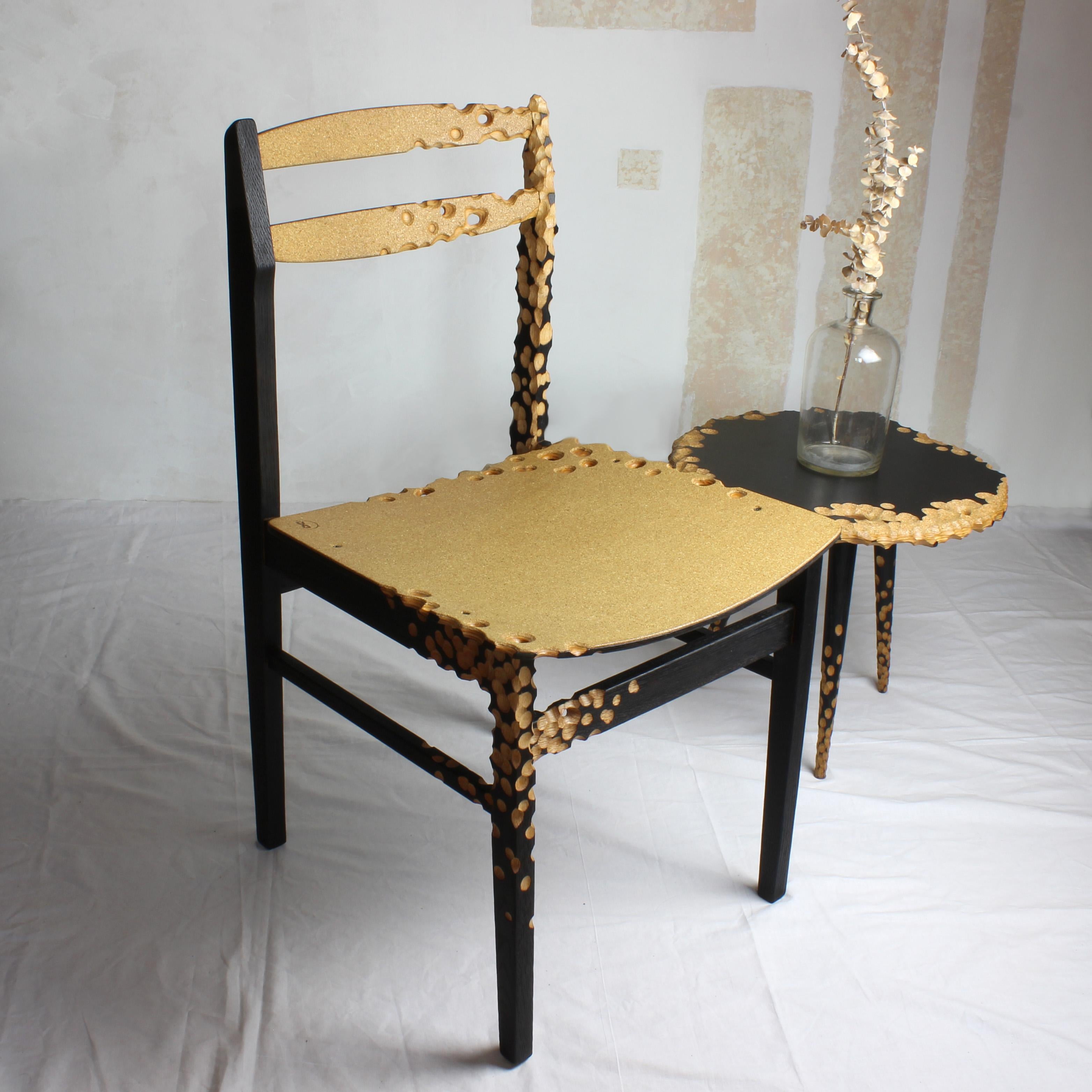 Post-Modern N1 Chair, Unique Sculptured, Charred Furniture, from Salvaged Chair and Cork For Sale
