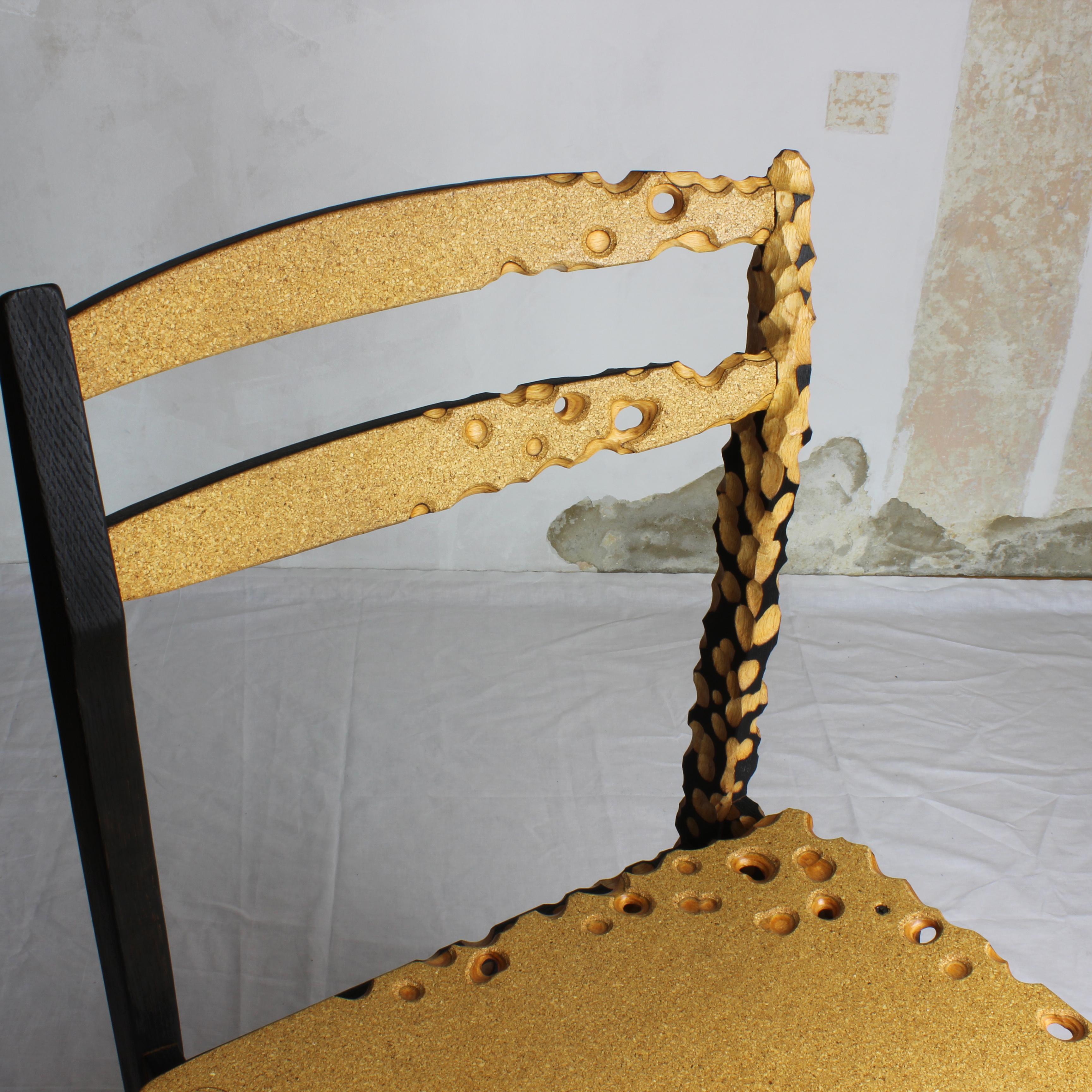 Wood N1 Chair, Unique Sculptured, Charred Furniture, from Salvaged Chair and Cork For Sale
