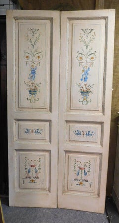 N.2 Antique Double Doors, White Painted with Allegories, Late 18th Century Italy