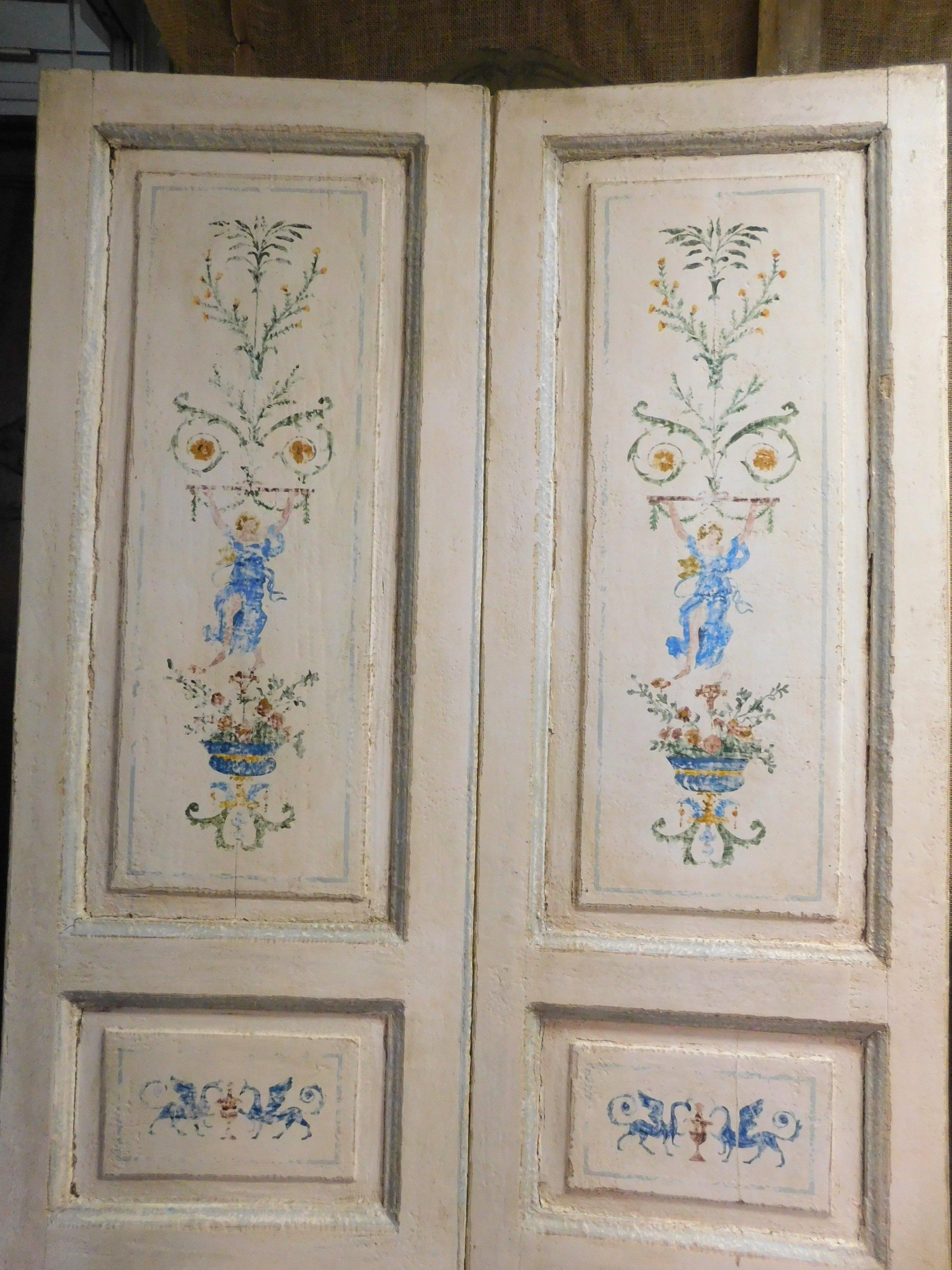 Italian N.2 Antique Double Doors, White Painted with Allegories, Late 18th Century Italy For Sale