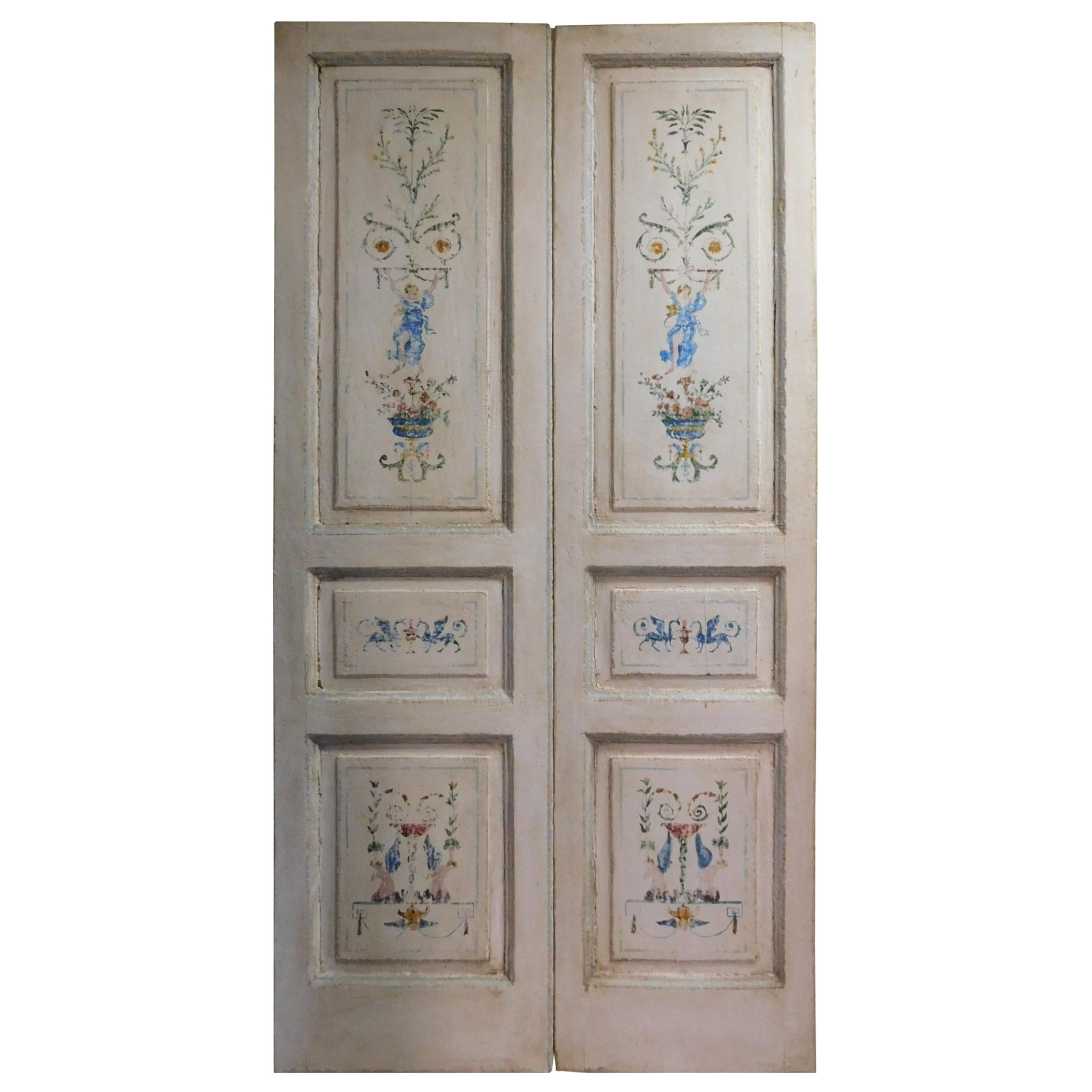 N.2 Antique Double Doors, White Painted with Allegories, Late 18th Century Italy