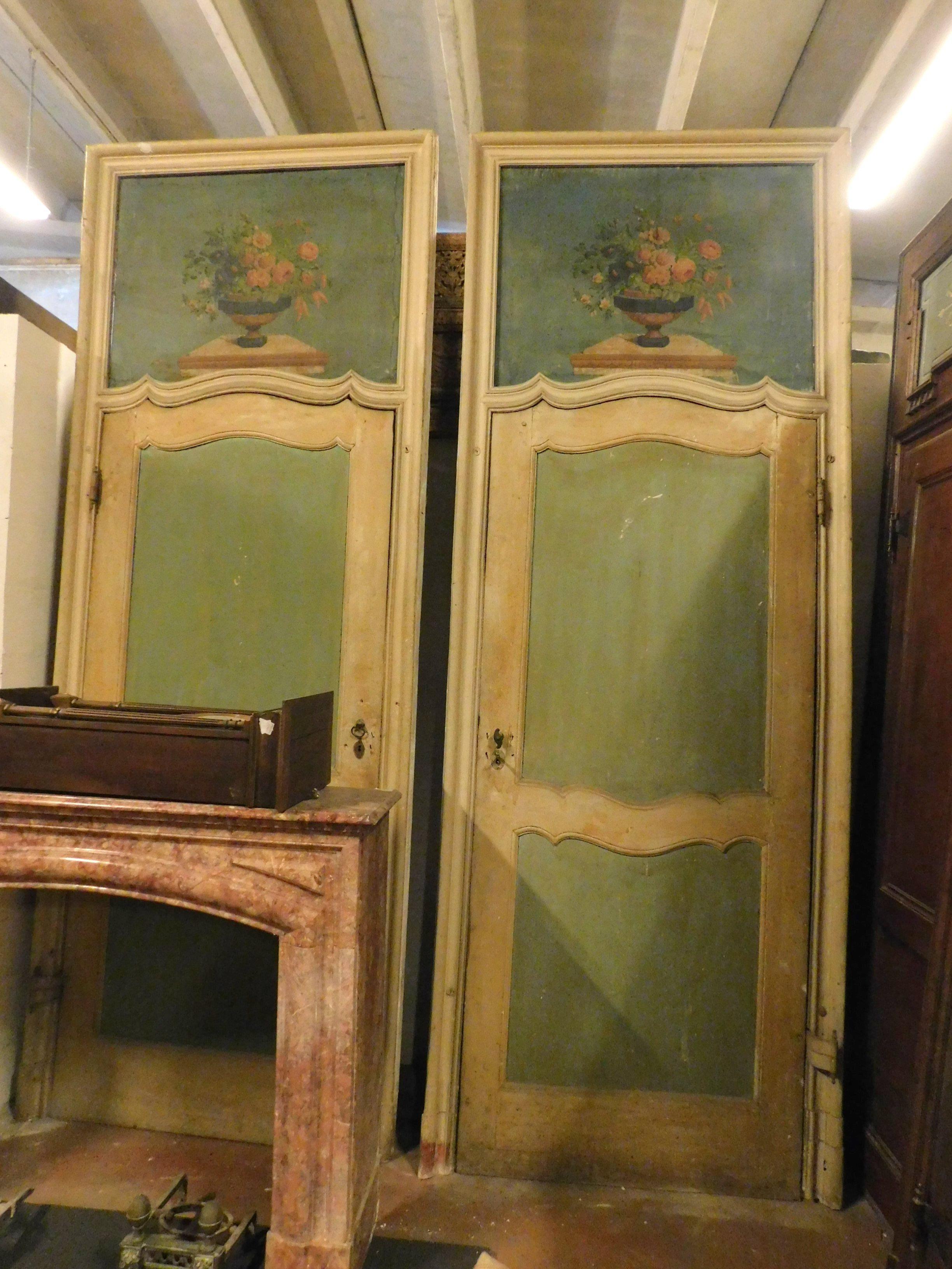 Italian N.2 Antique Lacquered Doors Painted, Yellow, Green and Blue, 18th Century, Italy For Sale