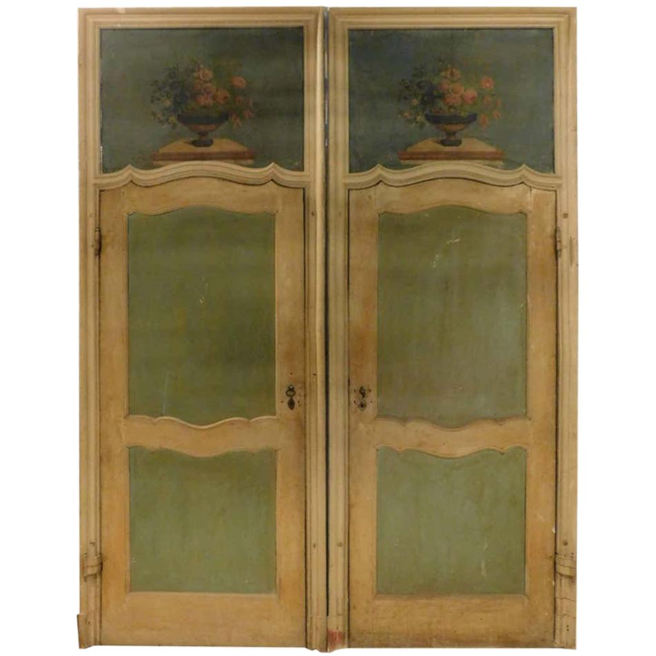 N.2 Antique Lacquered Doors Painted, Yellow, Green and Blue, 18th Century, Italy For Sale