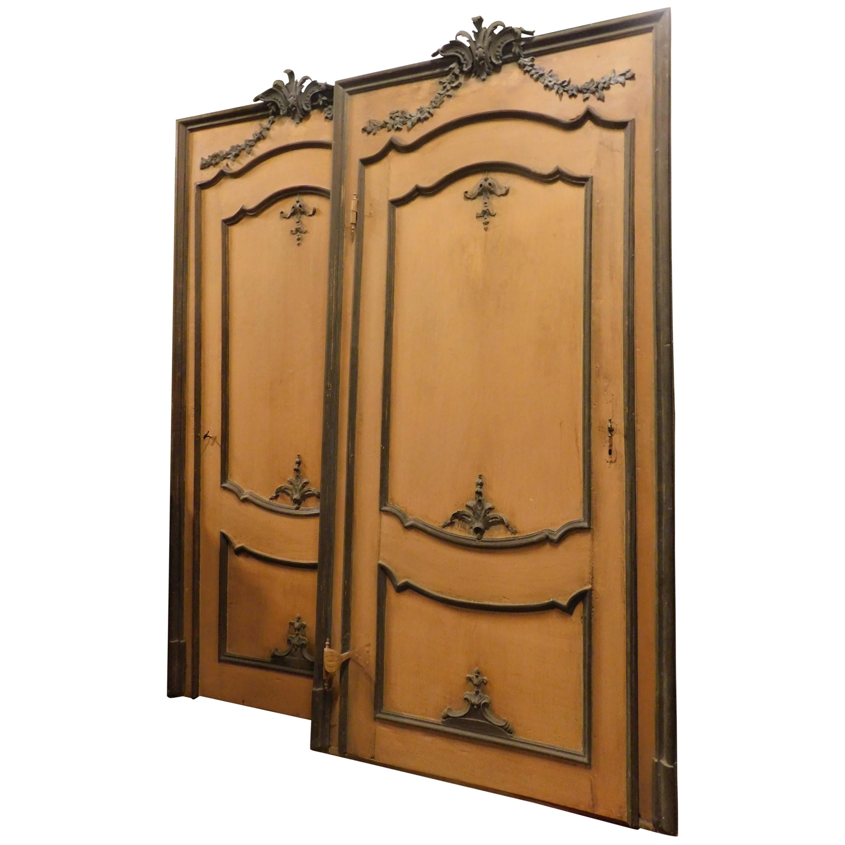 N.2 Antique Orange Lacquered Doors with Wooden Tinsel Hand Carved, Italy 1700 For Sale