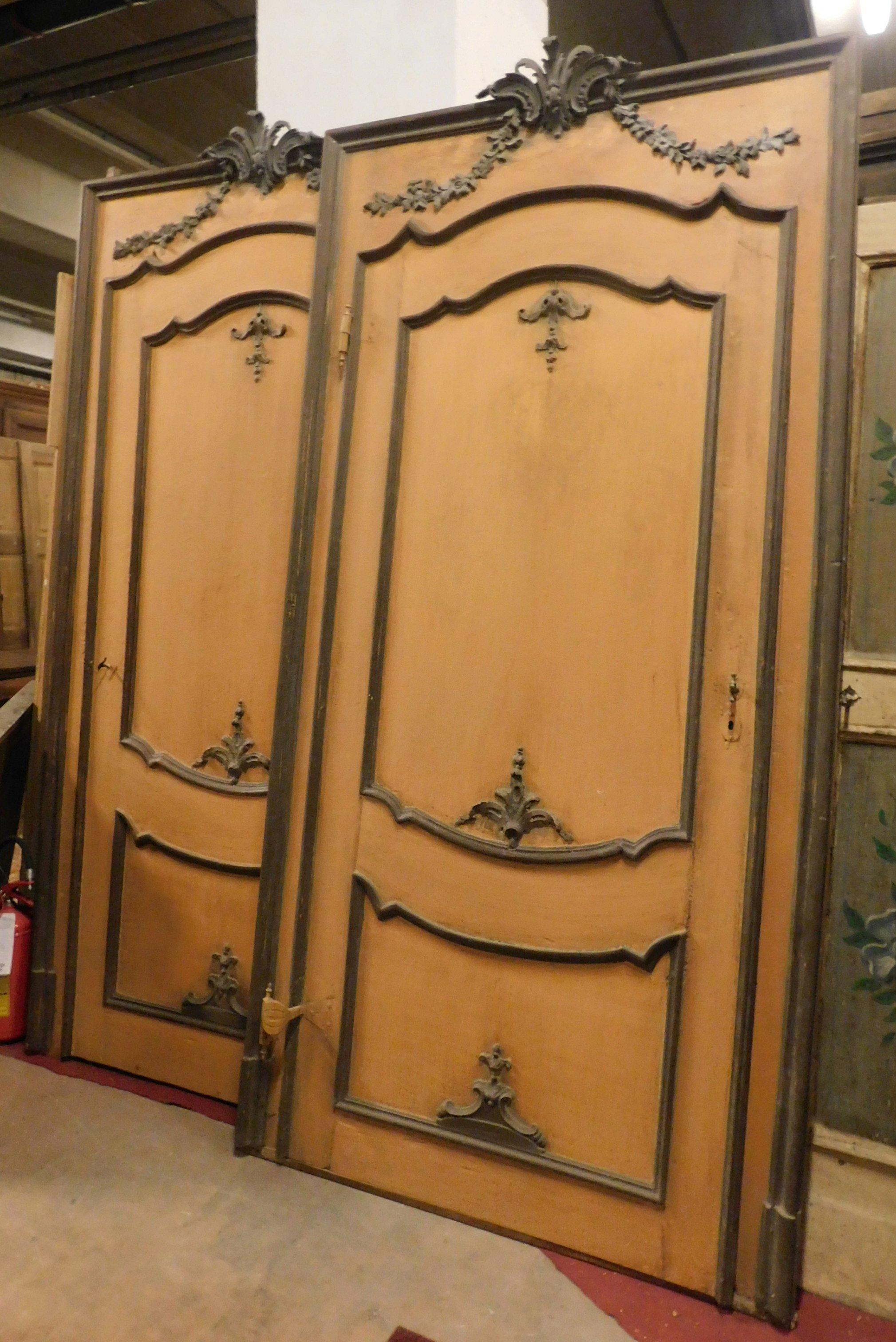 Italian N.2 Antique Orange Lacquered Doors with Wooden Tinsel Hand Carved, Italy 1700 For Sale