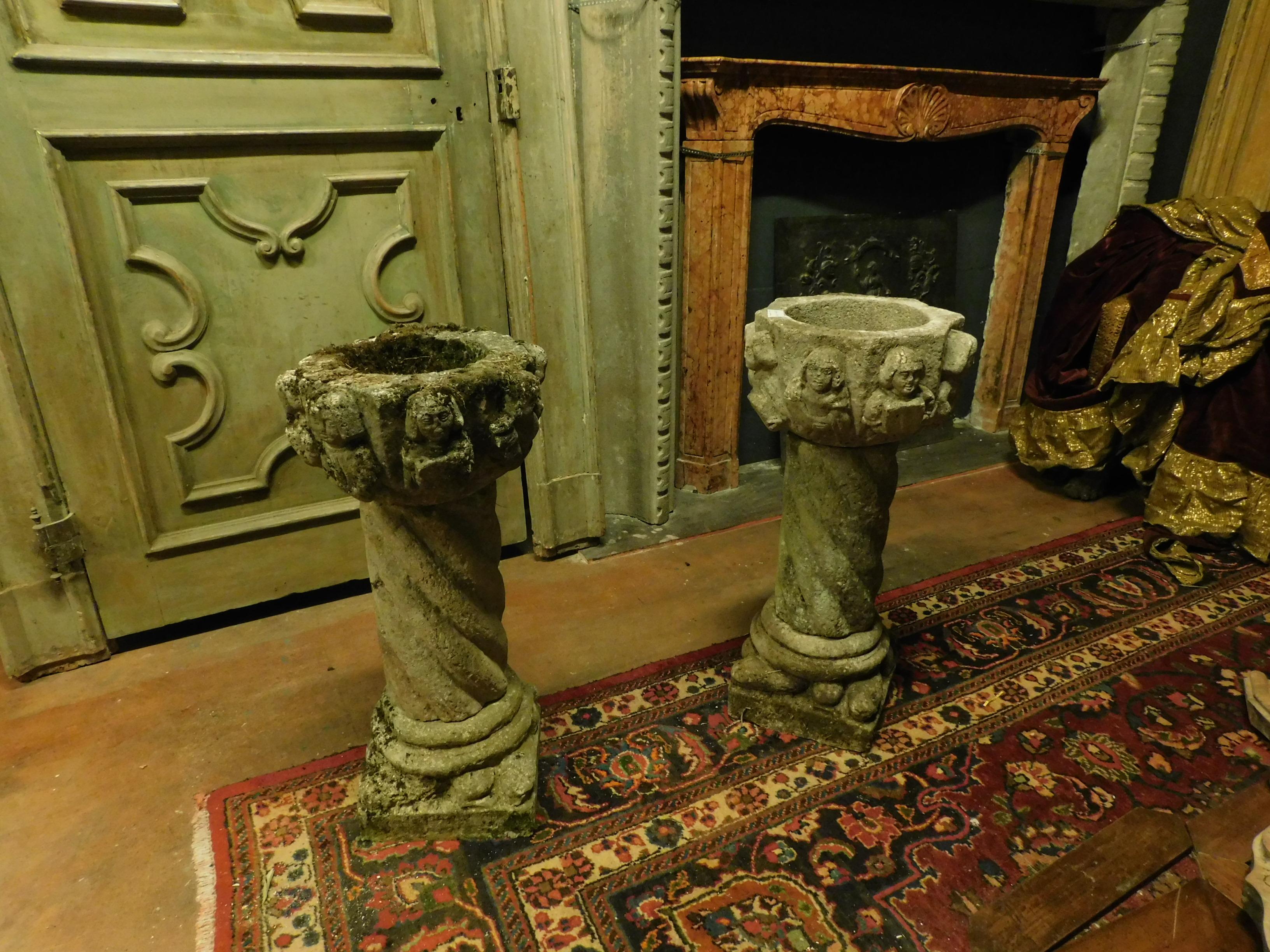 Italian n.2  Antiques Couple Grey Stone Vases Carved Faces and Torch Column, '600 Italy