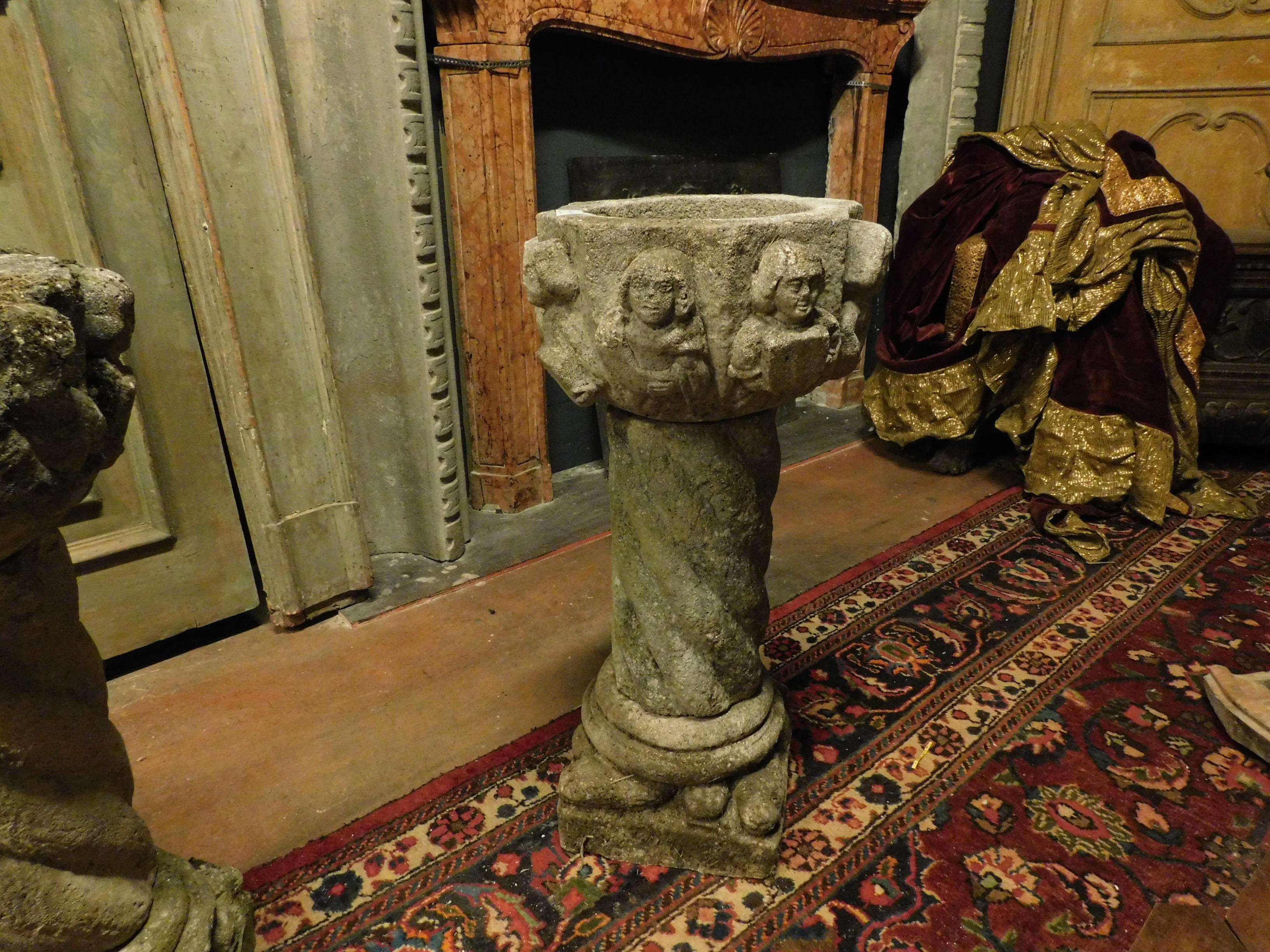 Hand-Carved n.2  Antiques Couple Grey Stone Vases Carved Faces and Torch Column, '600 Italy
