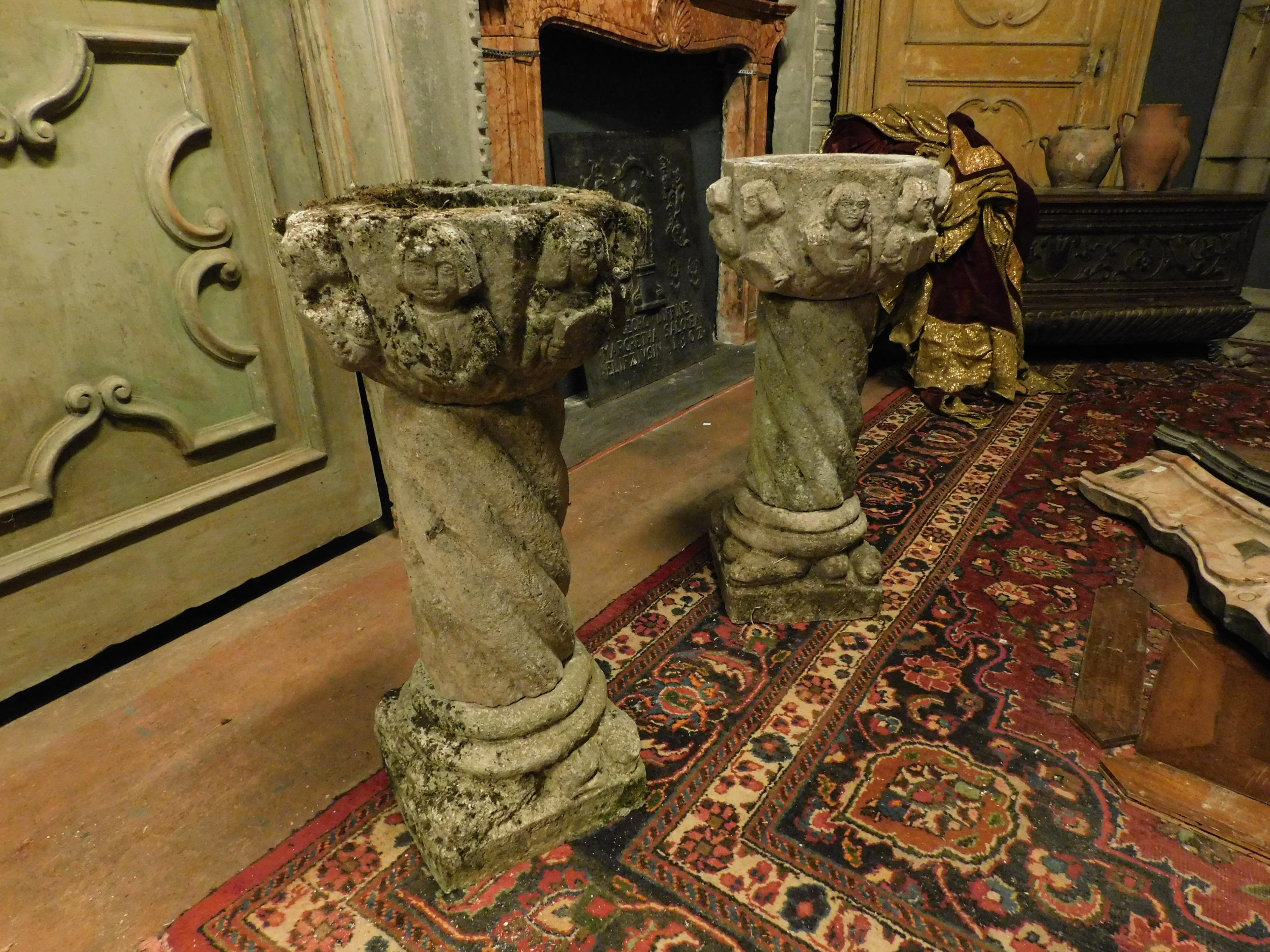 n.2  Antiques Couple Grey Stone Vases Carved Faces and Torch Column, '600 Italy In Good Condition In Cuneo, Italy (CN)
