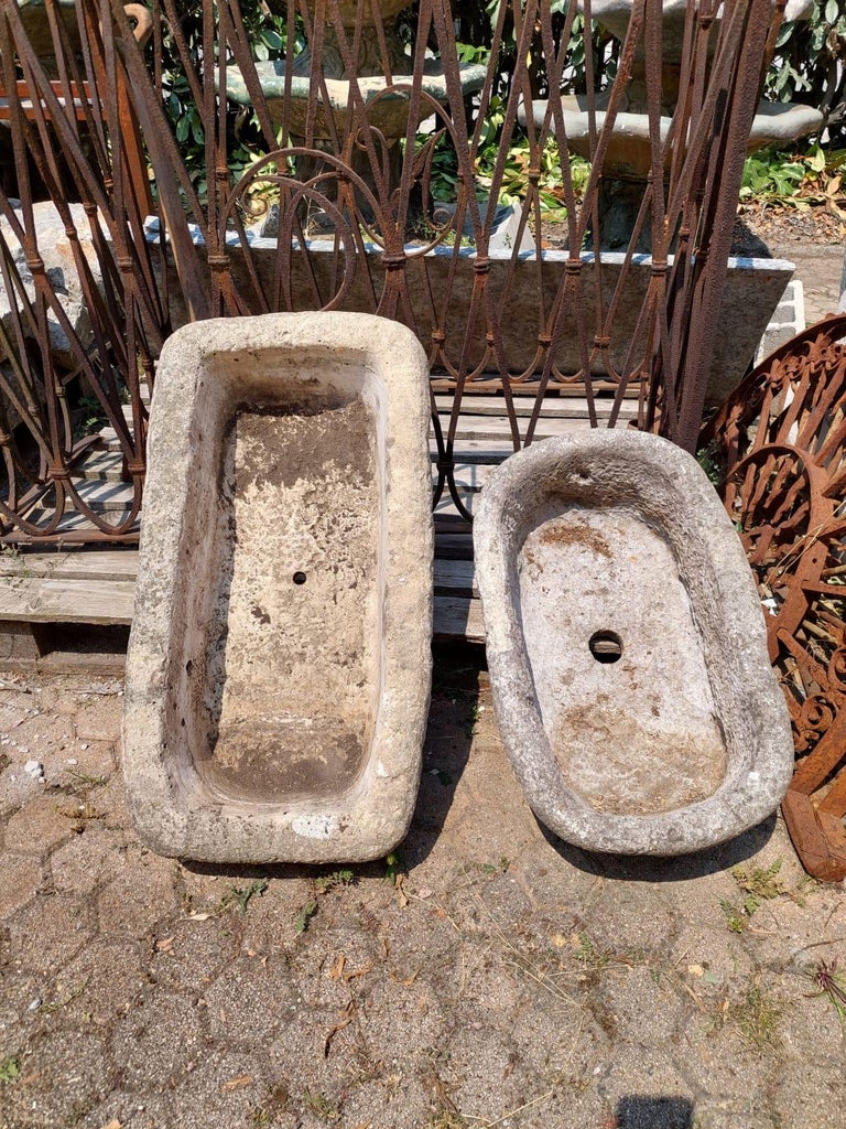 N.2 basins, stone washbasins, for fountains or outdoor sinks, also ideal as clay rustic or mountain bathrooms, sink, sold together:
1. cm w 73 x H 20 x d 38, interior cm w 60 x d 25
2. cm w 59 x H 20 x d 35, interior cm w 48 x d 25.