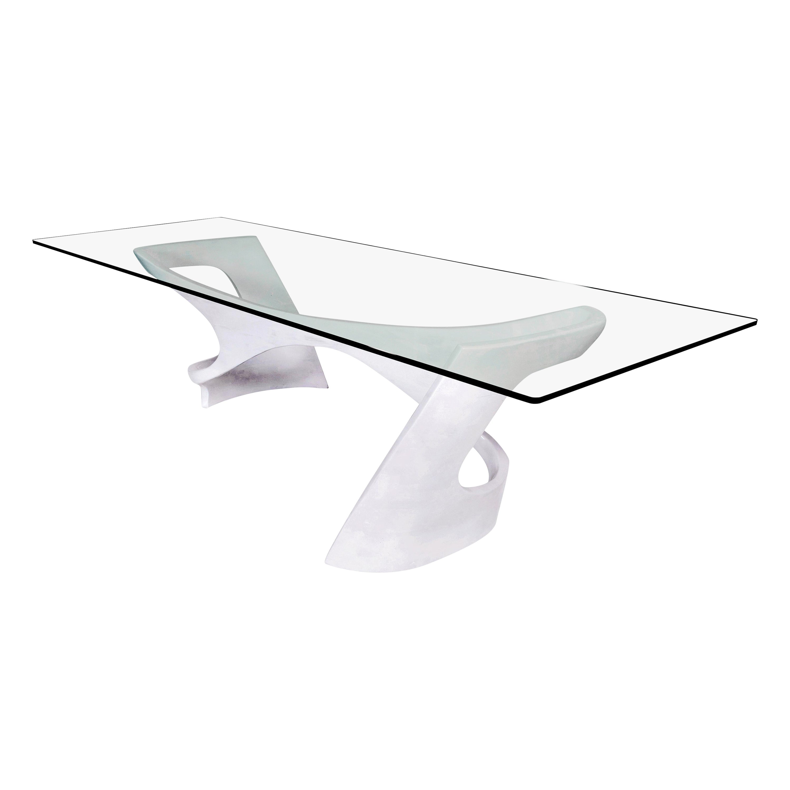 N2 Dining Table, Handcrafted Base in Solid Lacquered Cherry with Clear Glass Top For Sale