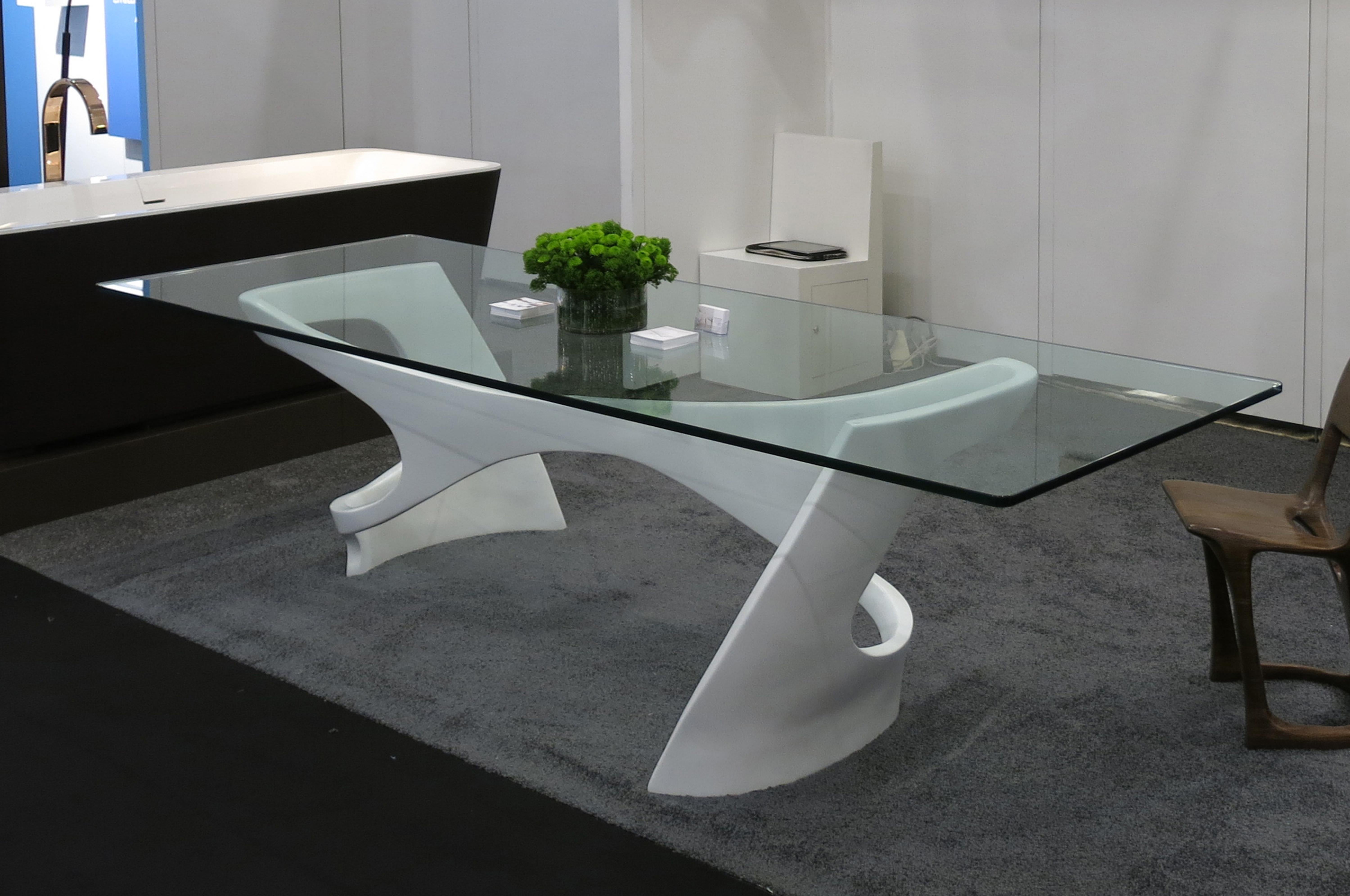 Contemporary N2 Dining Table, Handcrafted Base in Solid Wood with Glass Top (floor model) For Sale