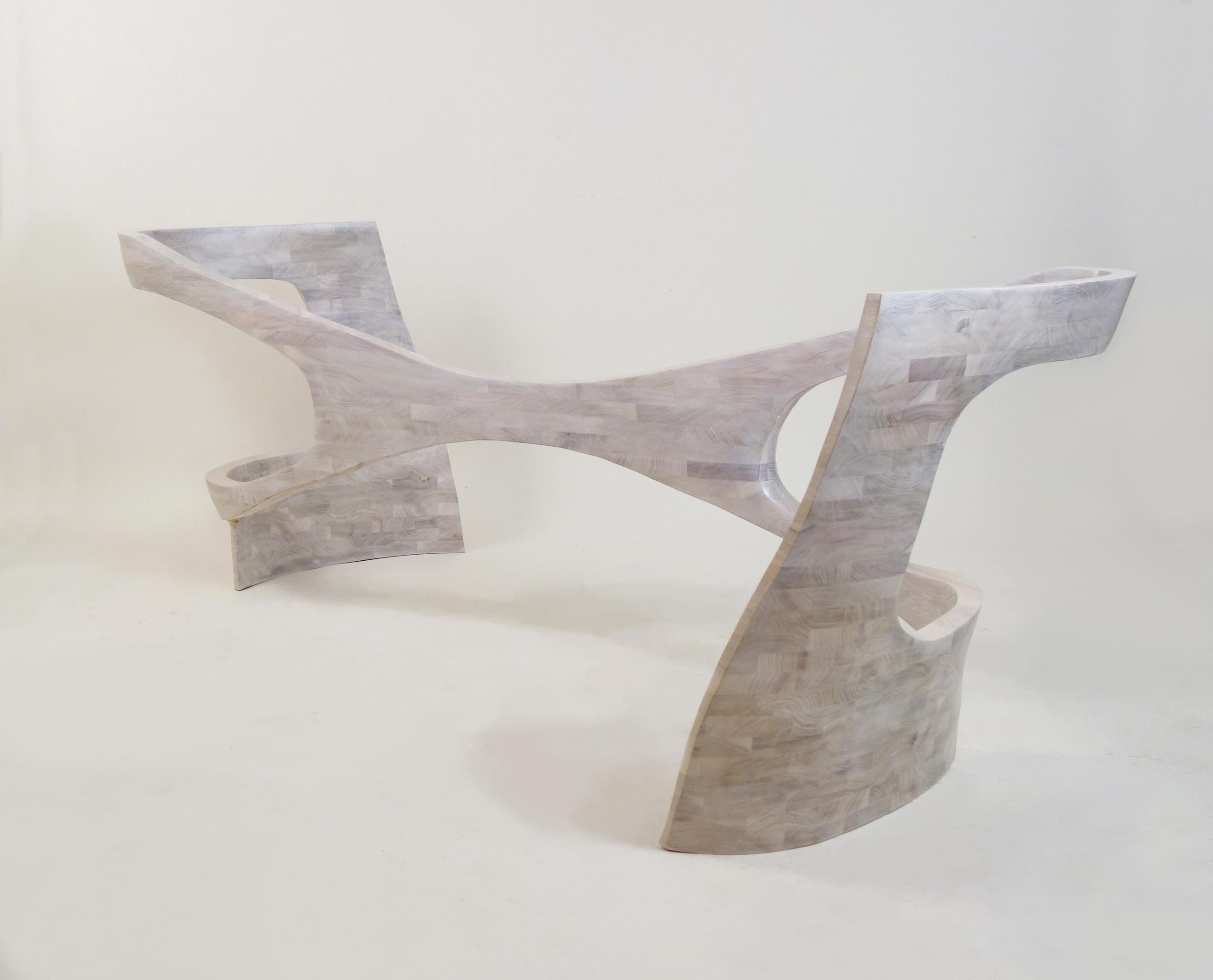 Carved N2 Dining Table, Handcrafted Base in Solid Wood with Glass Top