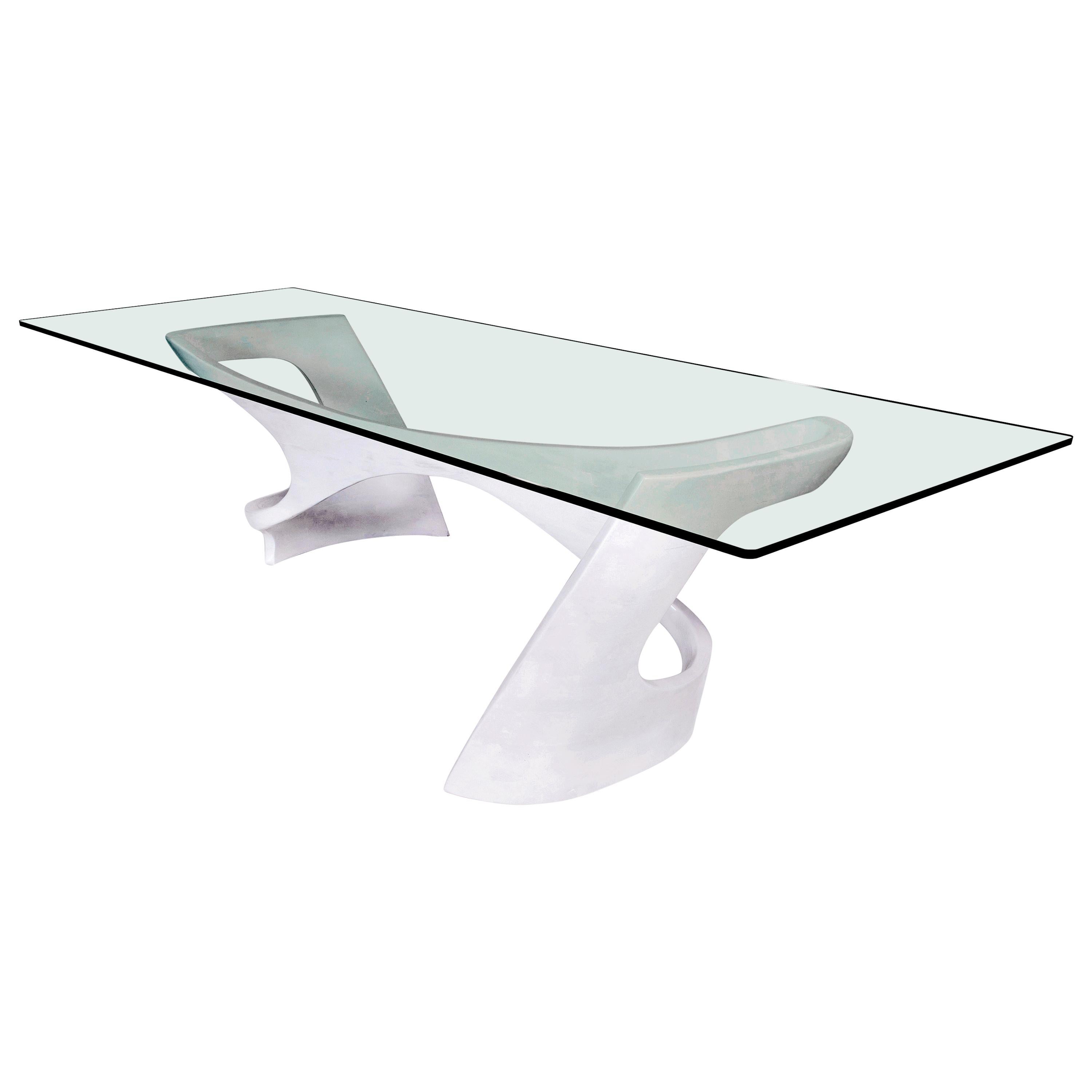 N2 Dining Table, Handcrafted Base in Solid Wood with Glass Top 