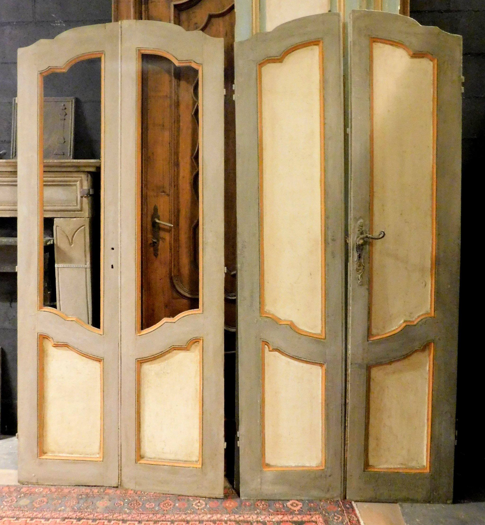 Antique set of 2 double doors, one with glass and one with paneling, coming from the same house and built in the same way, hand lacquered and sculpted arched, without frame and with any glass to put on, we sell separately with the possibility to
