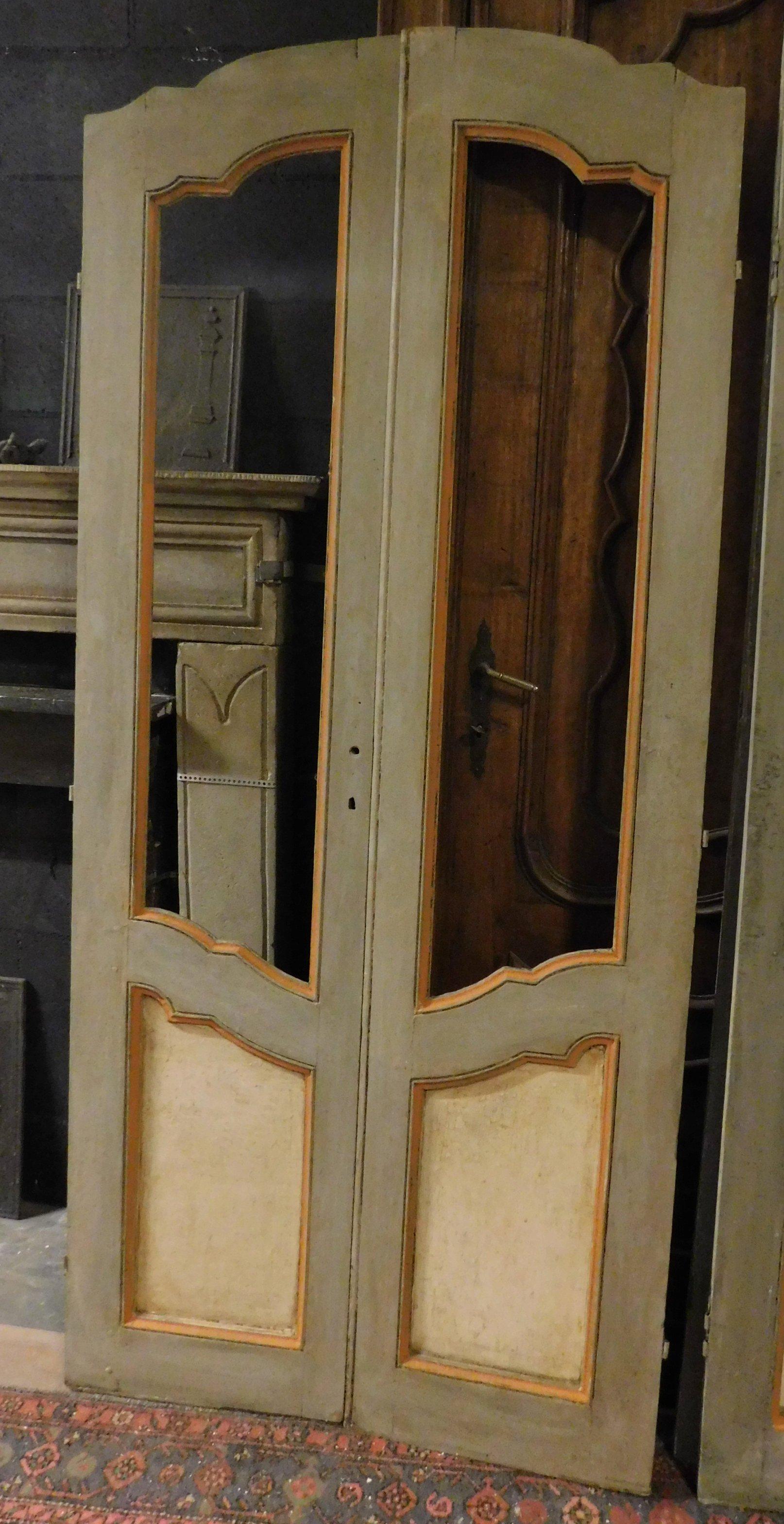Hand-Carved N.2 Double Doors, One Glass and One Panels, Lacquered, 18th Century Italy For Sale