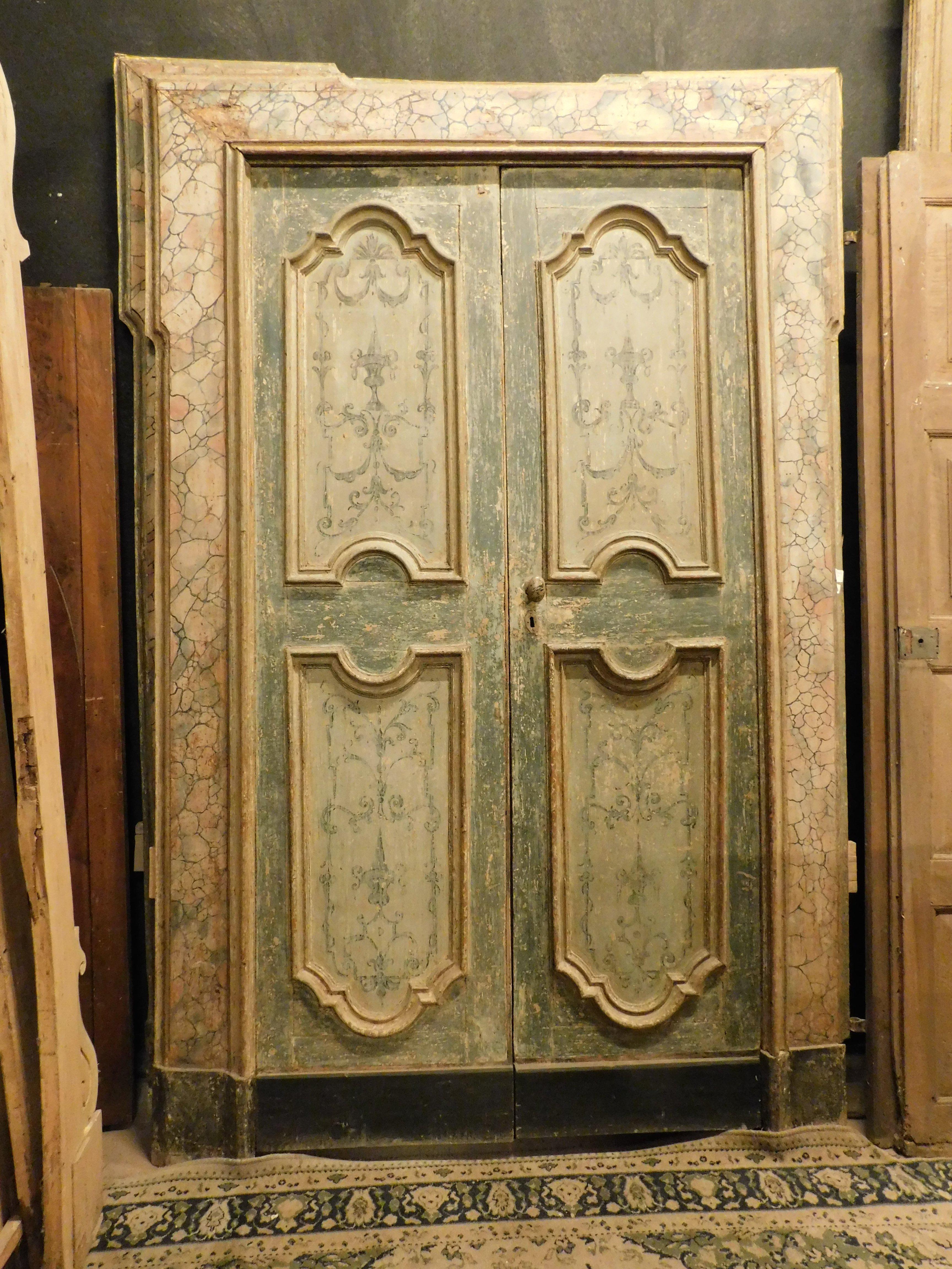 Italian N.2 double interior doors, lacquered and painted, faux marble frame, Naples  For Sale