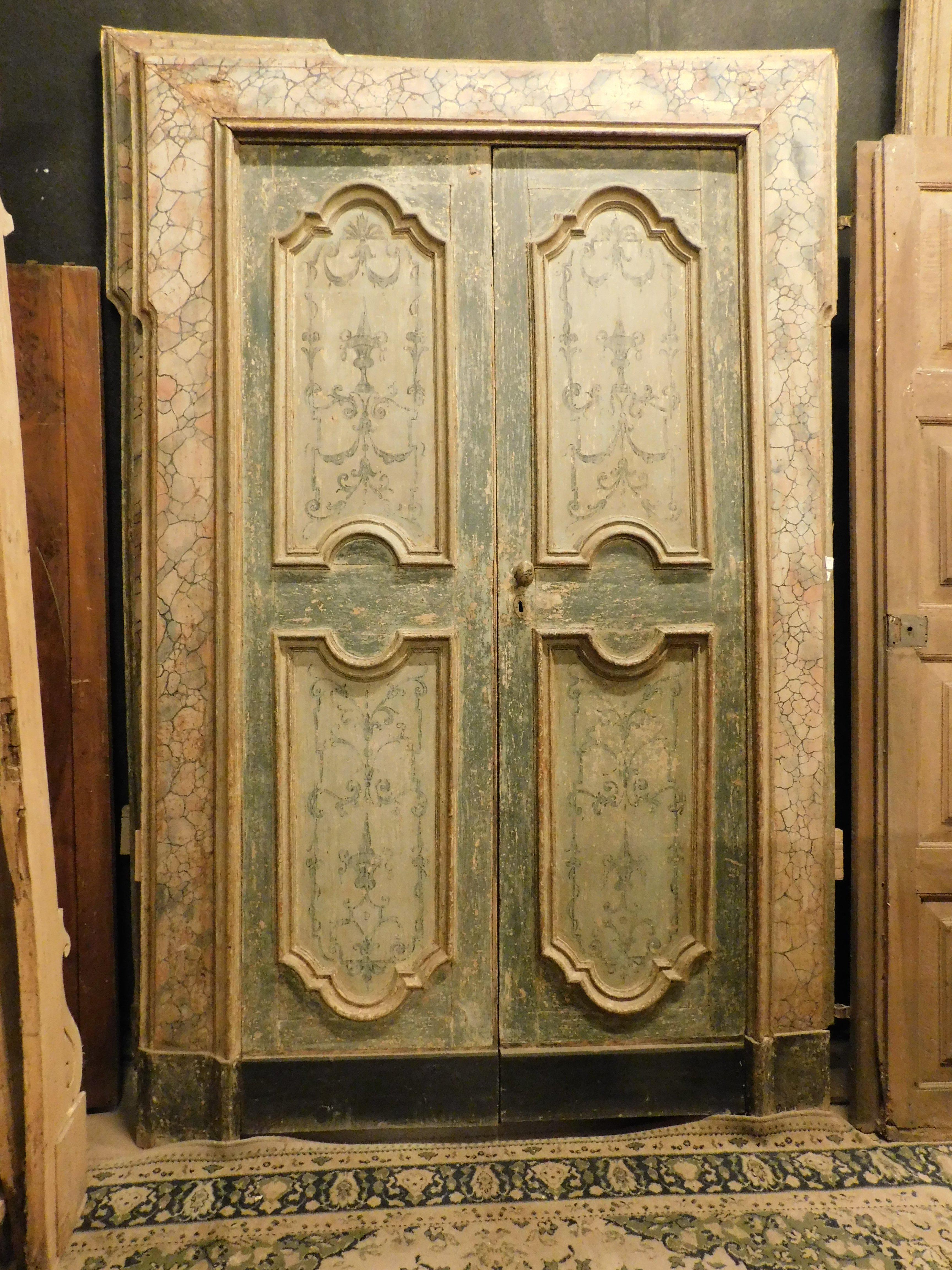 Hand-Painted N.2 double interior doors, lacquered and painted, faux marble frame, Naples  For Sale