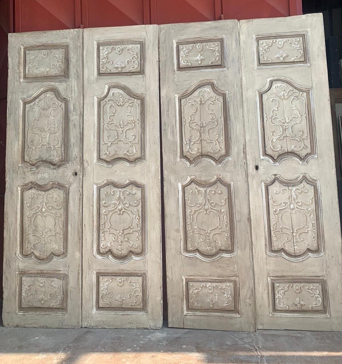 Wood N.2 Double Interior Doors, Painted and Carved on Both Sides, 18th Century Italy For Sale