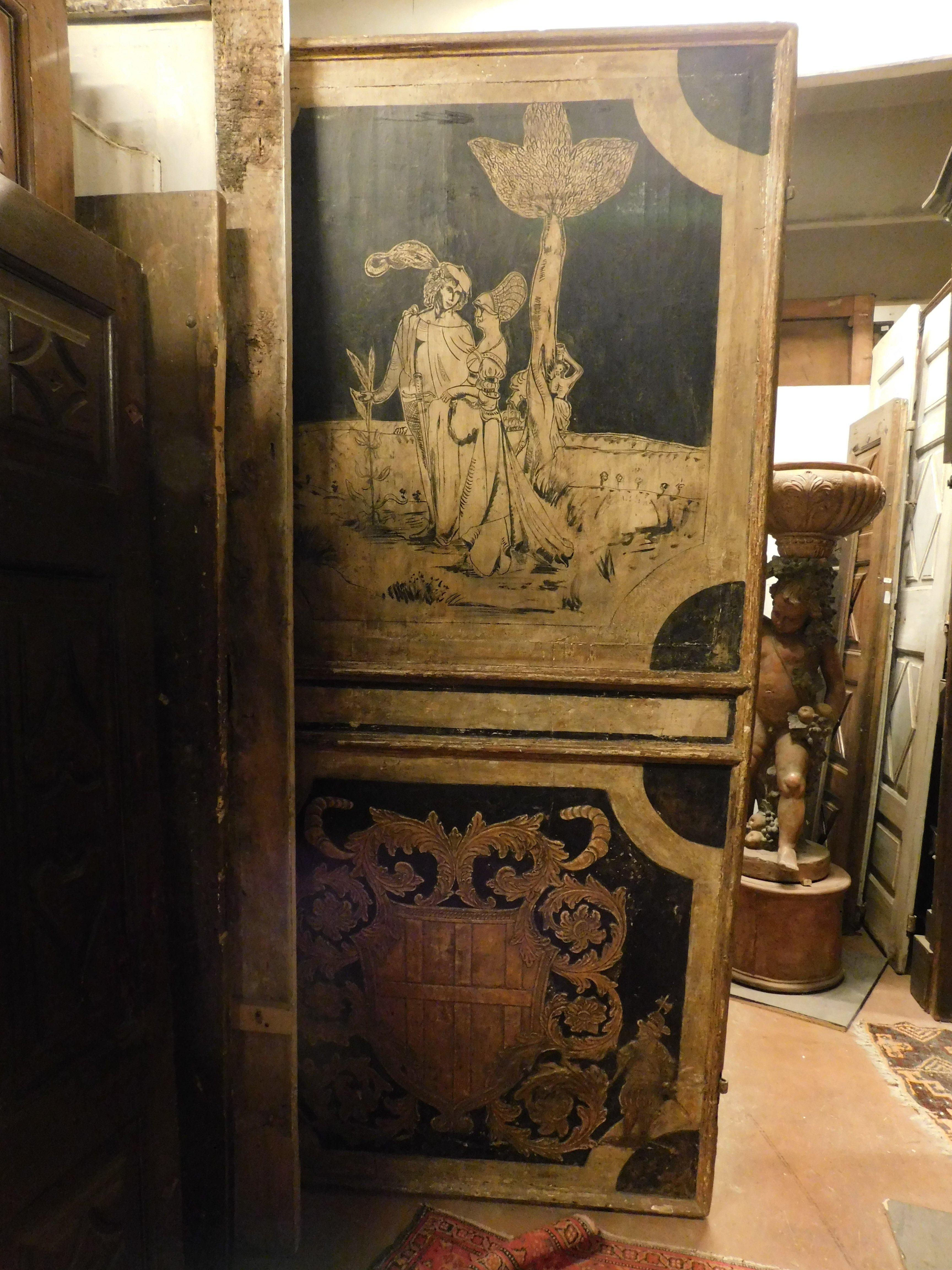 n.2 reich verzierte Türen, Wappen im Relief, gewölbte Landschaft, Österreich im Angebot 5