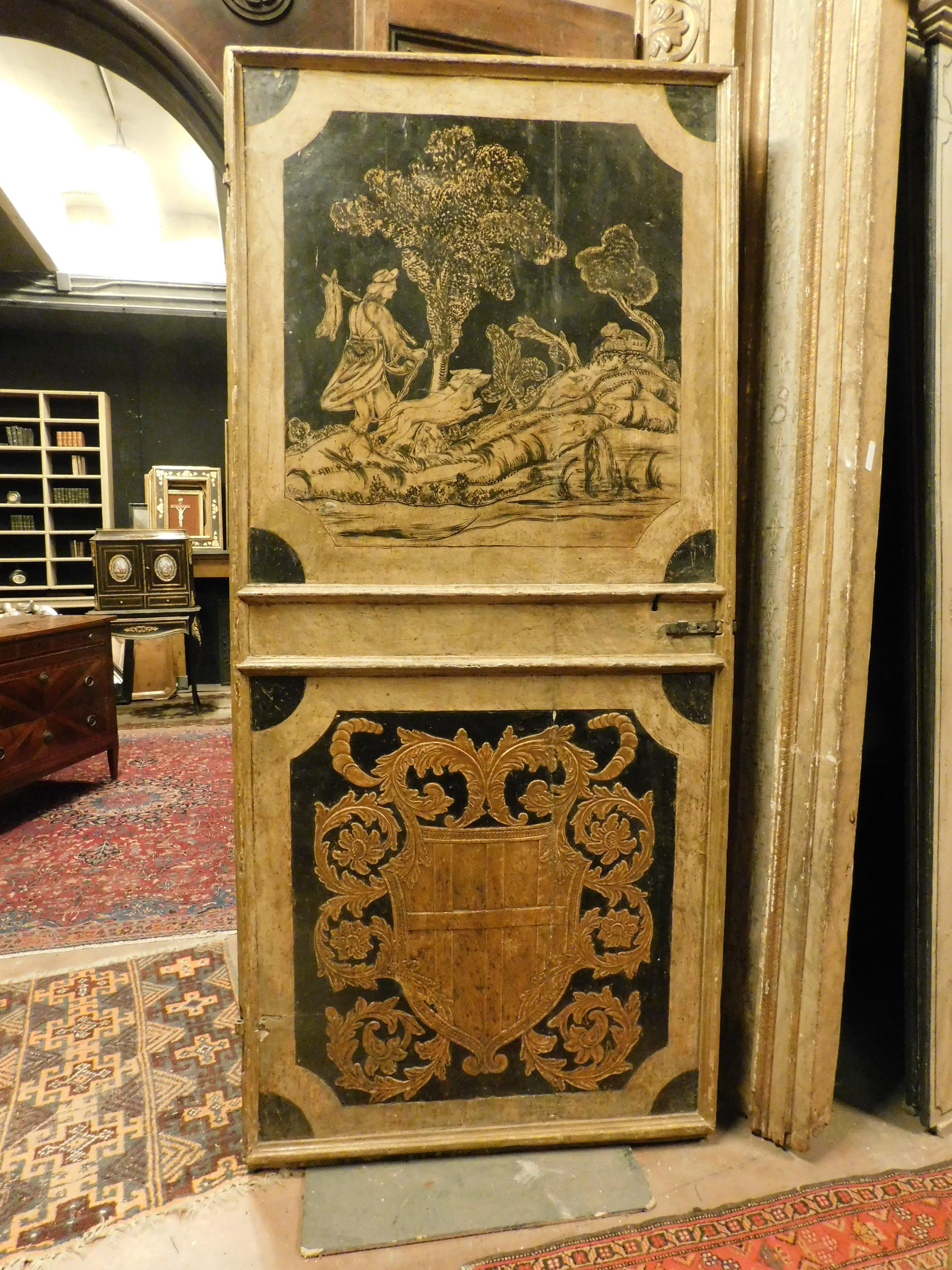 Austrian n.2 richly decorated doors, coats of arms in relief, stooped landscape, Austria For Sale