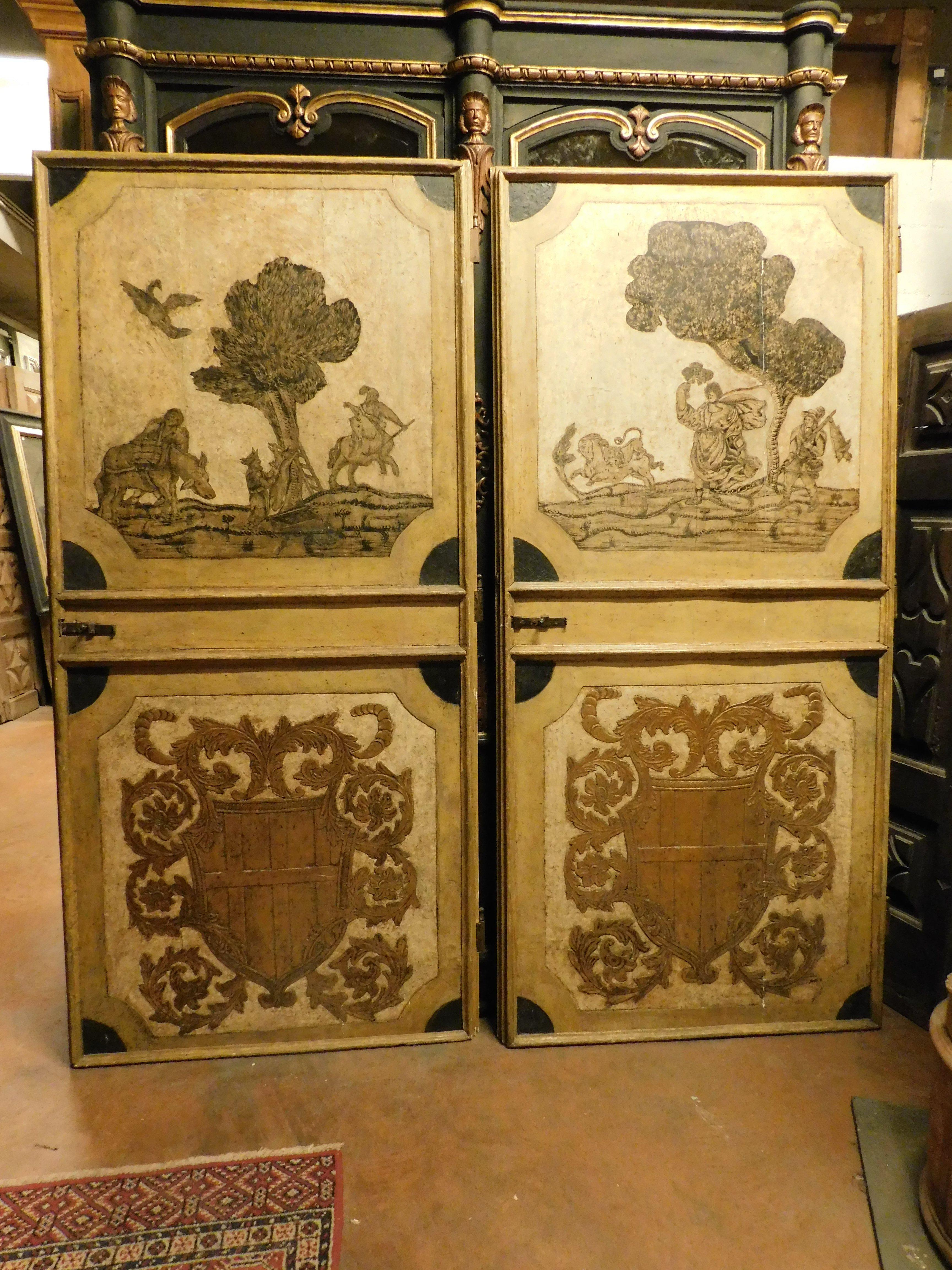 Hand-Crafted n.2 richly decorated doors, coats of arms in relief, stooped landscape, Austria For Sale