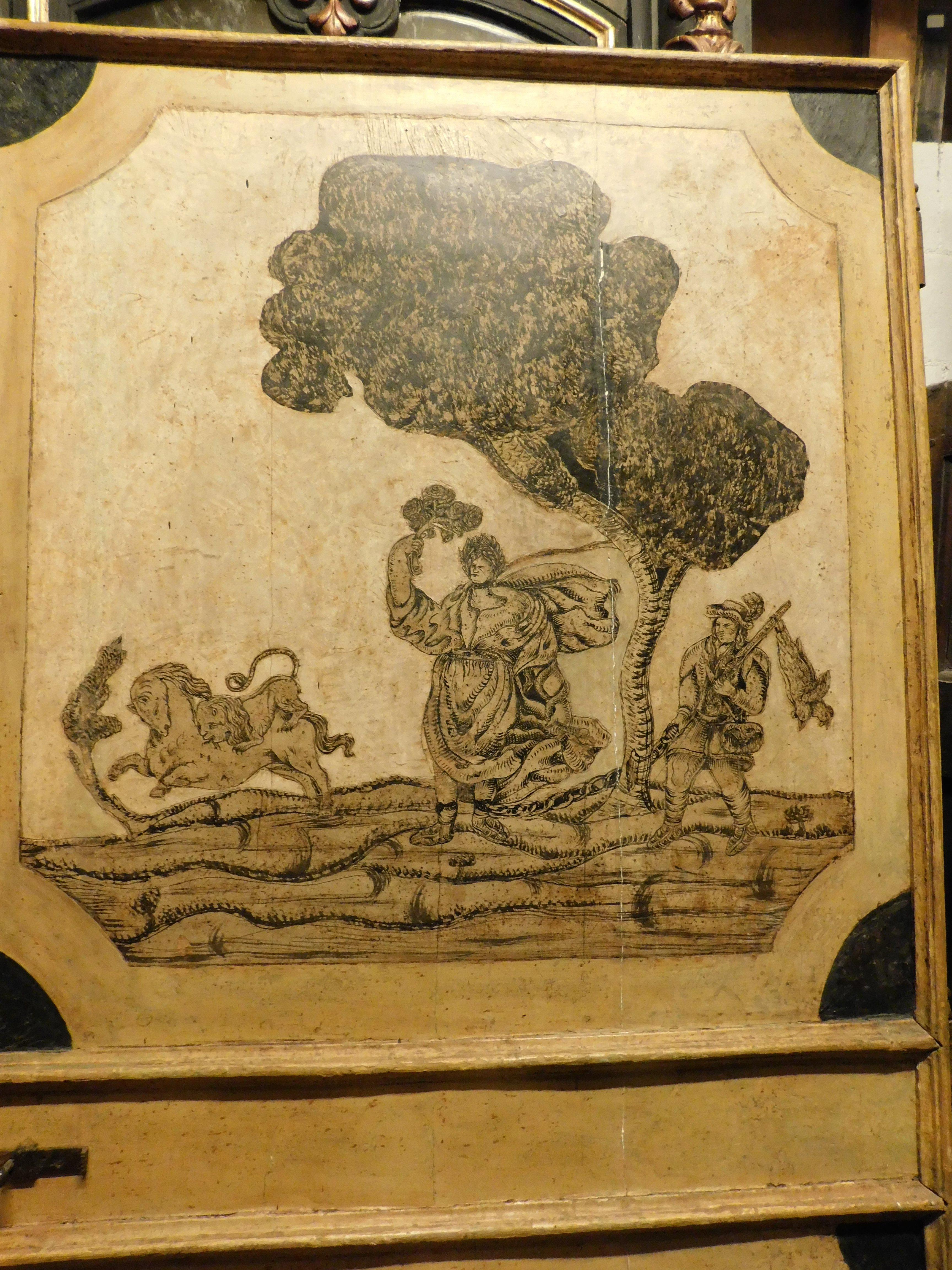 n.2 reich verzierte Türen, Wappen im Relief, gewölbte Landschaft, Österreich (Pappelholz) im Angebot
