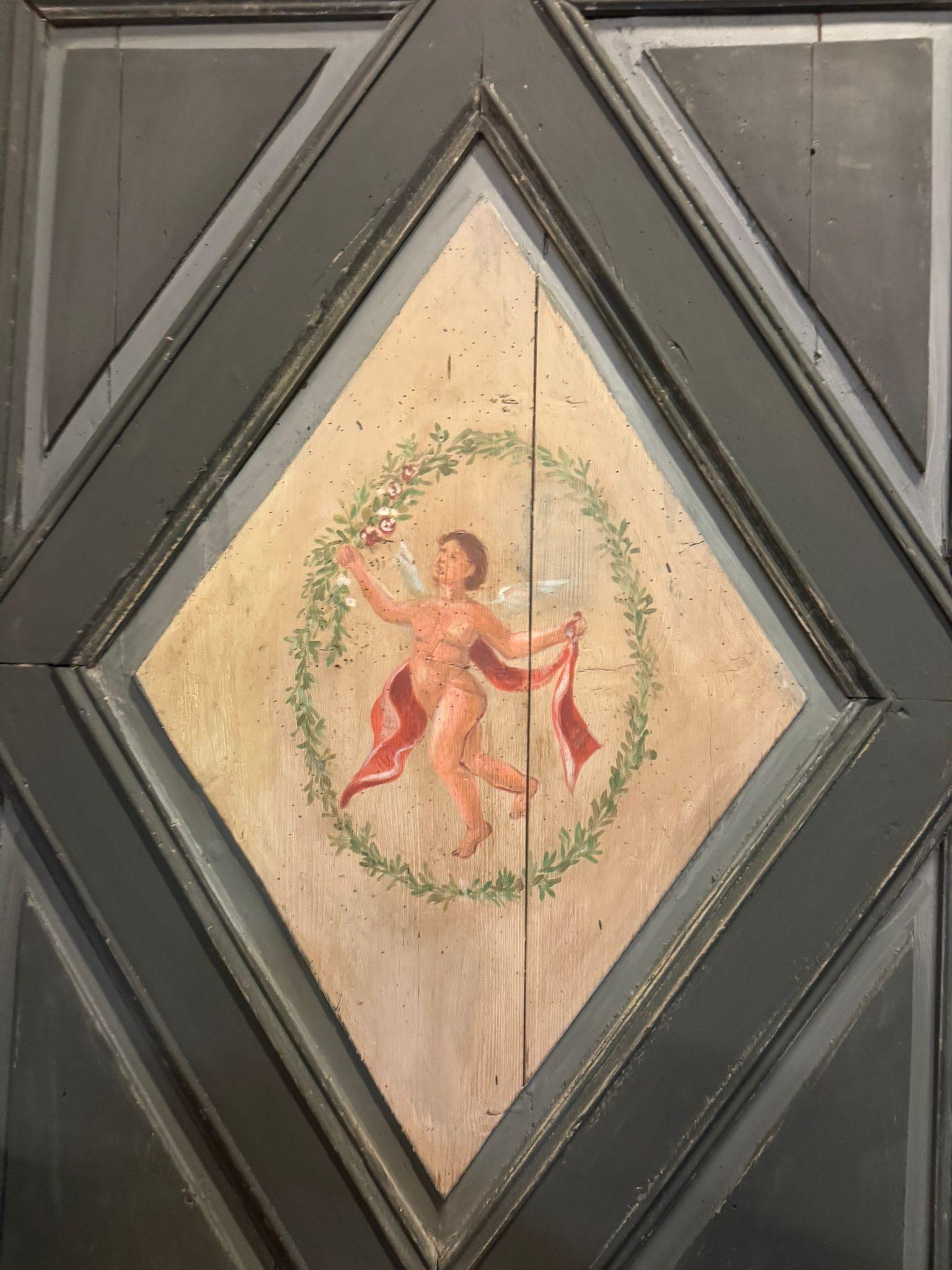 Italian N.2 single-leaf doors lacquered wood, not identic painted dancing angels, taly For Sale