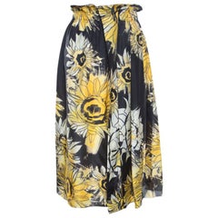 N21 Black and Yellow Sunflower Printed Silk Asymmetric Pleat Detail Midi Skirt M