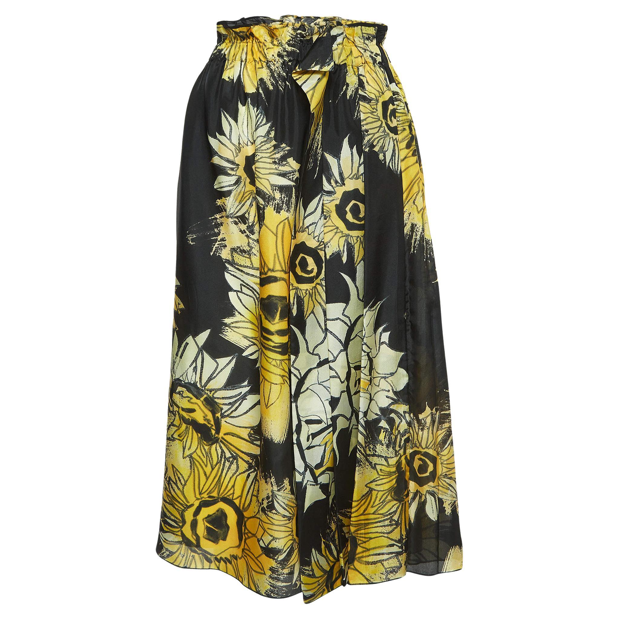 N21 Black Floral Print Silk Elasticated Waist Midi Skirt M For Sale