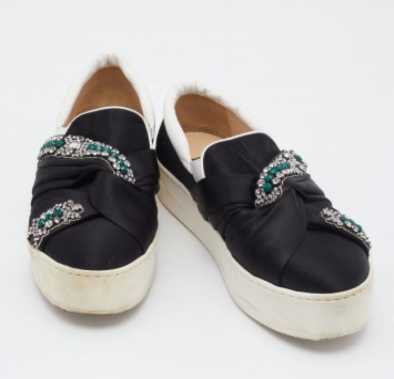 Gray N21 Black/White Satin & Leather Crystal Platform Slip On Sneakers Size 37 For Sale