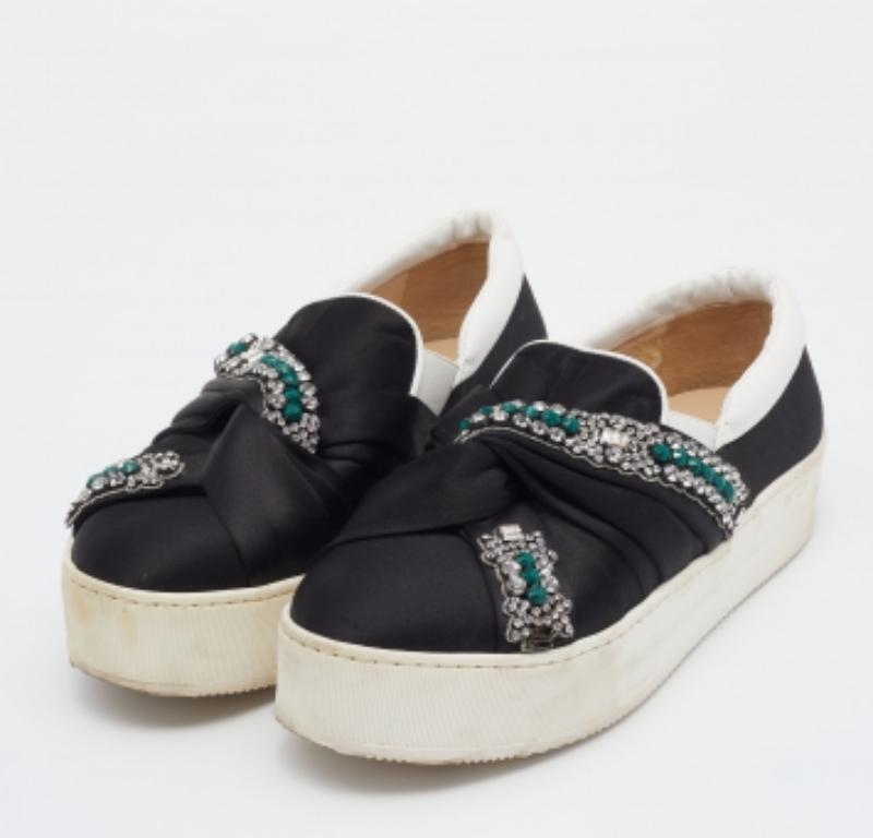 N21 Black/White Satin & Leather Crystal Platform Slip On Sneakers Size 37 In Good Condition For Sale In Dubai, Al Qouz 2