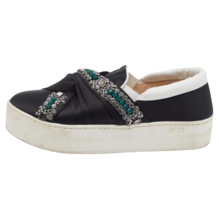 N21 Black/White Satin & Leather Crystal Platform Slip On Sneakers Size 37 For Sale