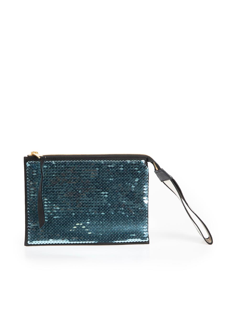 CONDITION is Very good. Minimal wear to pouch is evident. Minimal wear to the lining and wrist strap with discoloured marks on this used Nº21 designer resale item.

Details
Blue and green
Sequin
Mini clutch bag
Wristlet strap
1x Main zipped