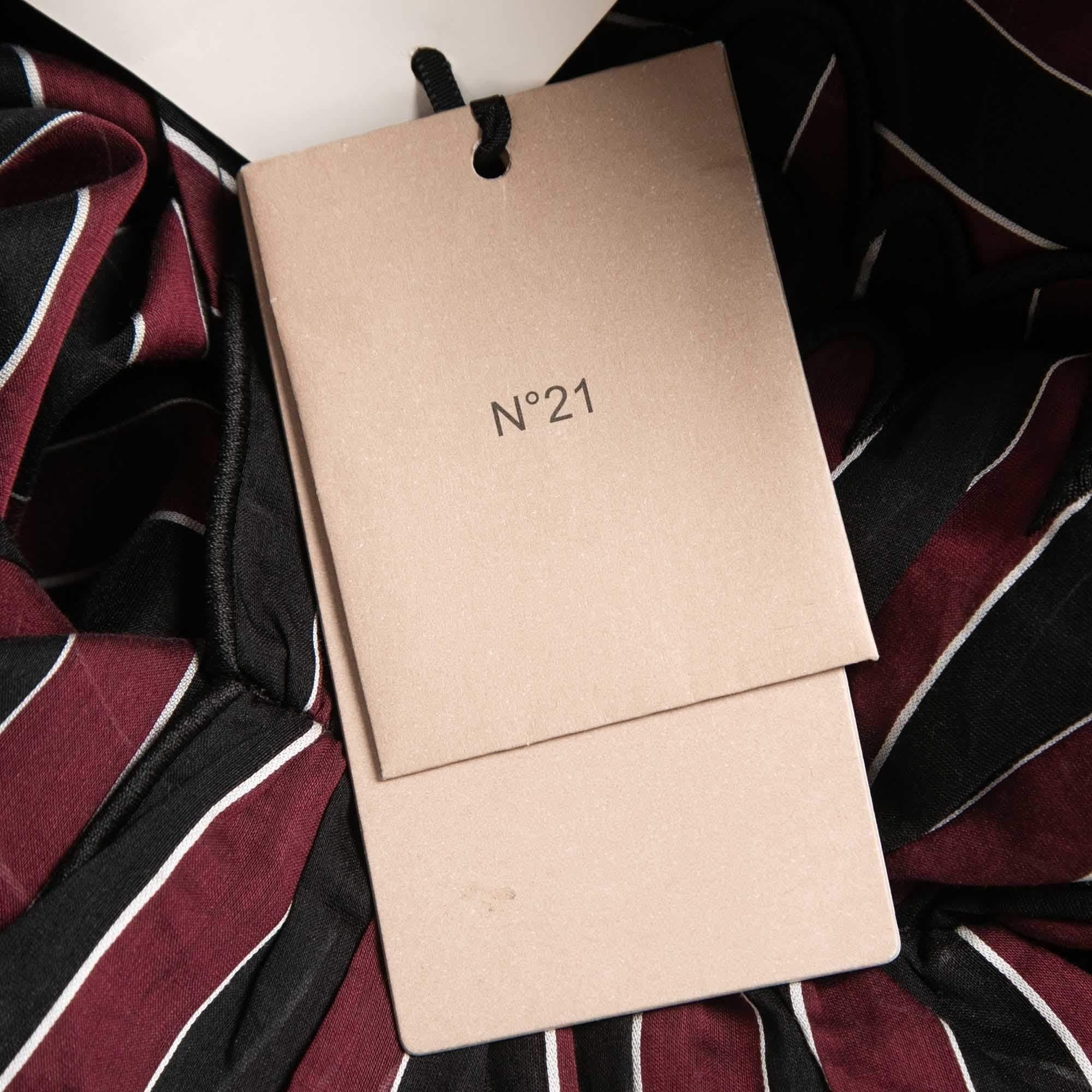 Women's N21 Burgundy/Black Striped Cotton Blend Long Sleeve Short Dress M For Sale