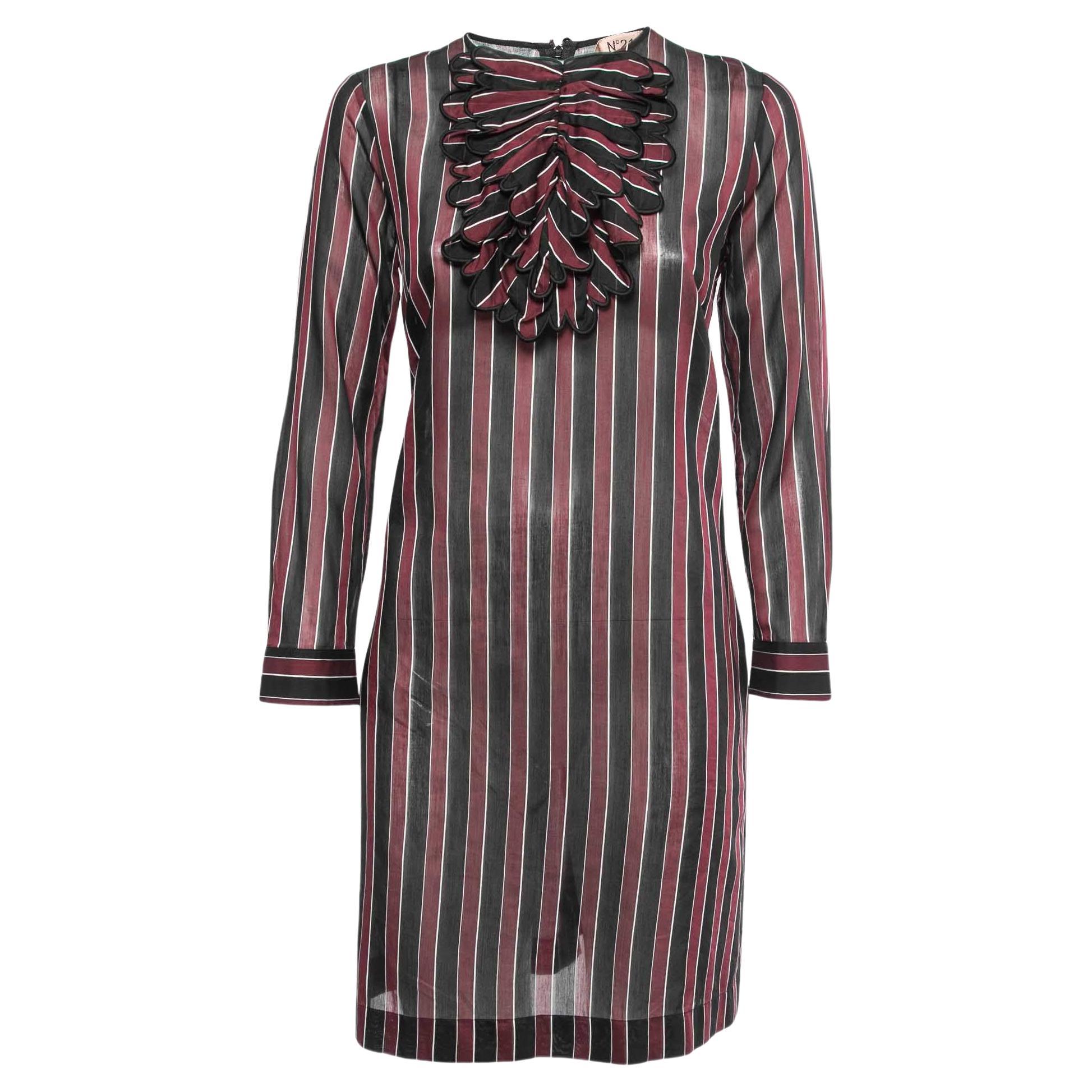 N21 Burgundy/Black Striped Cotton Blend Long Sleeve Short Dress M For Sale