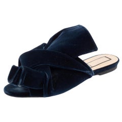 N21 Dark Blue Velvet Knot Flat Mules Size 38